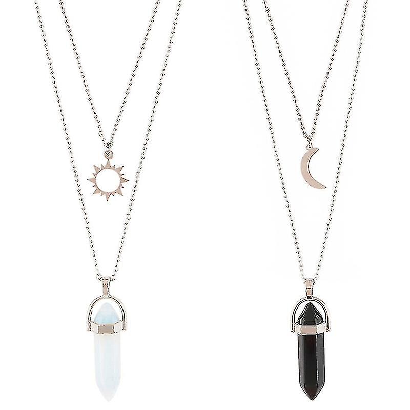 Collar de capas de moda Silver Sun And Moon Hexagonal Column Crystal Necklace