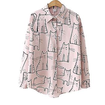 Frauen Cartoon Katzen Print Langarm Lose Hemden Tops für Frühling Herbst Neu