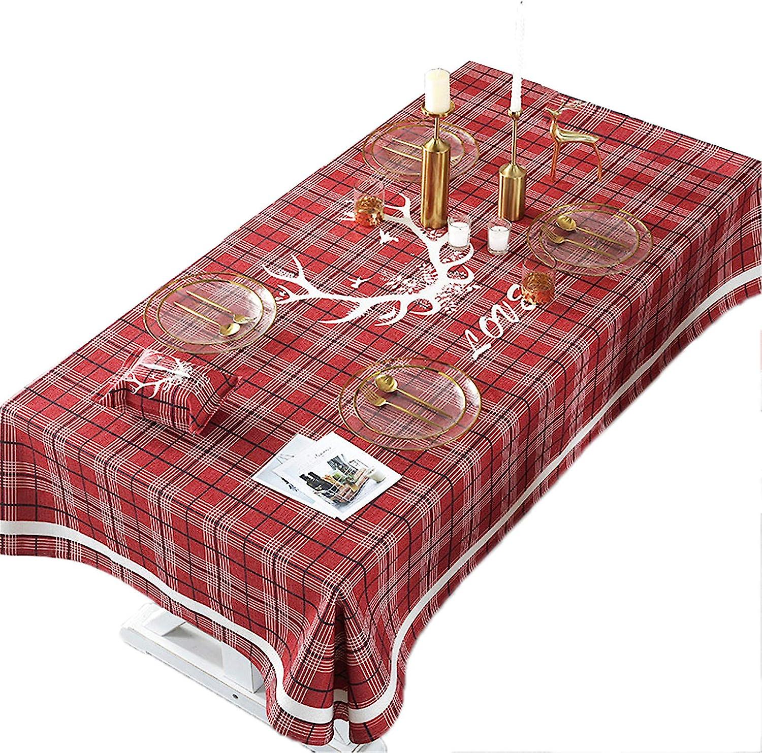 Christmas Table Cloth Rectangular Deer Head Printed Tablecloth, Christmas Holiday Table Cover Polyester Fabric Xmas Table Runner Red Christmas Decorat
