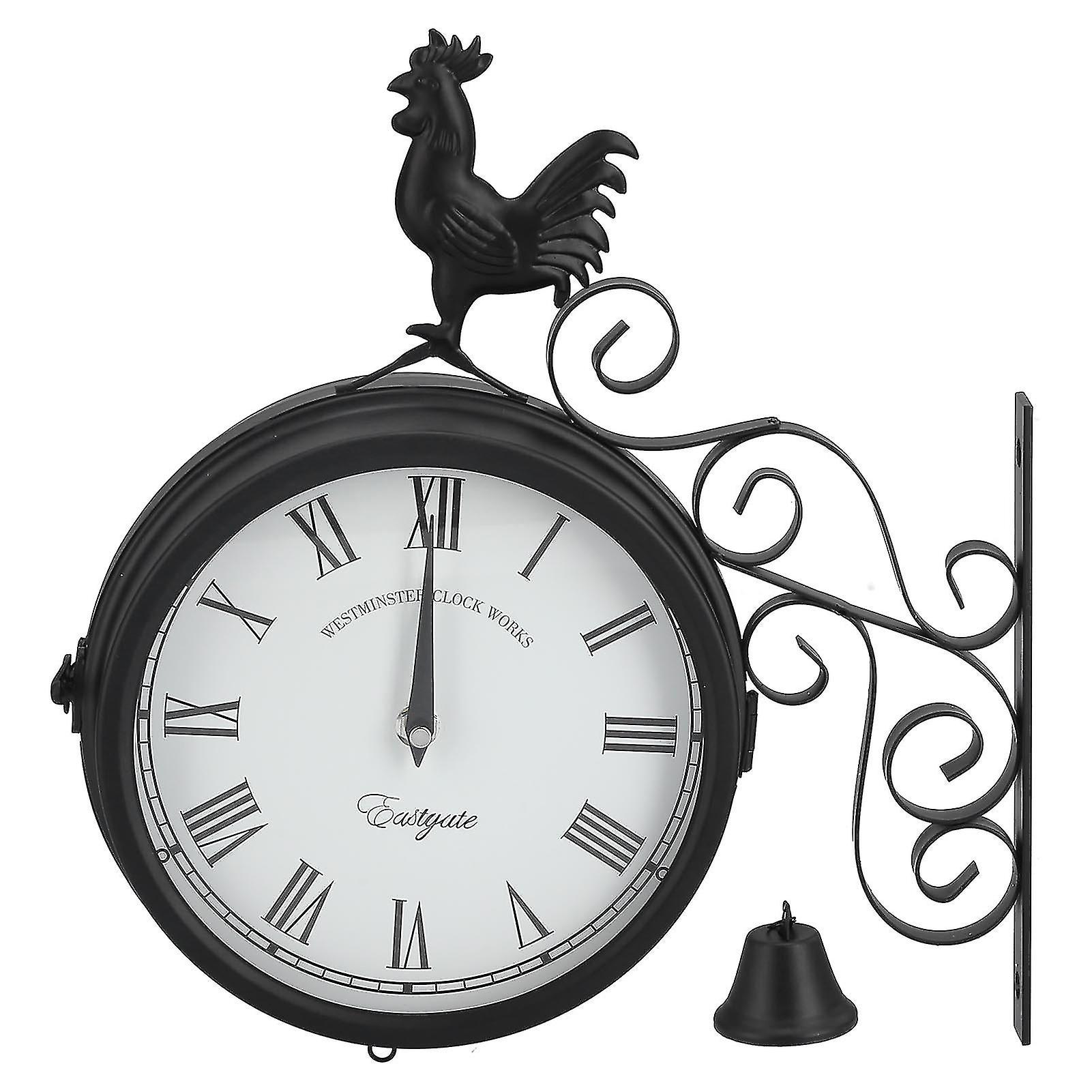 Fer forgé Retro Cock Design Wall Clock Silent Non Ticking Double Face Round Clock pour Jardin