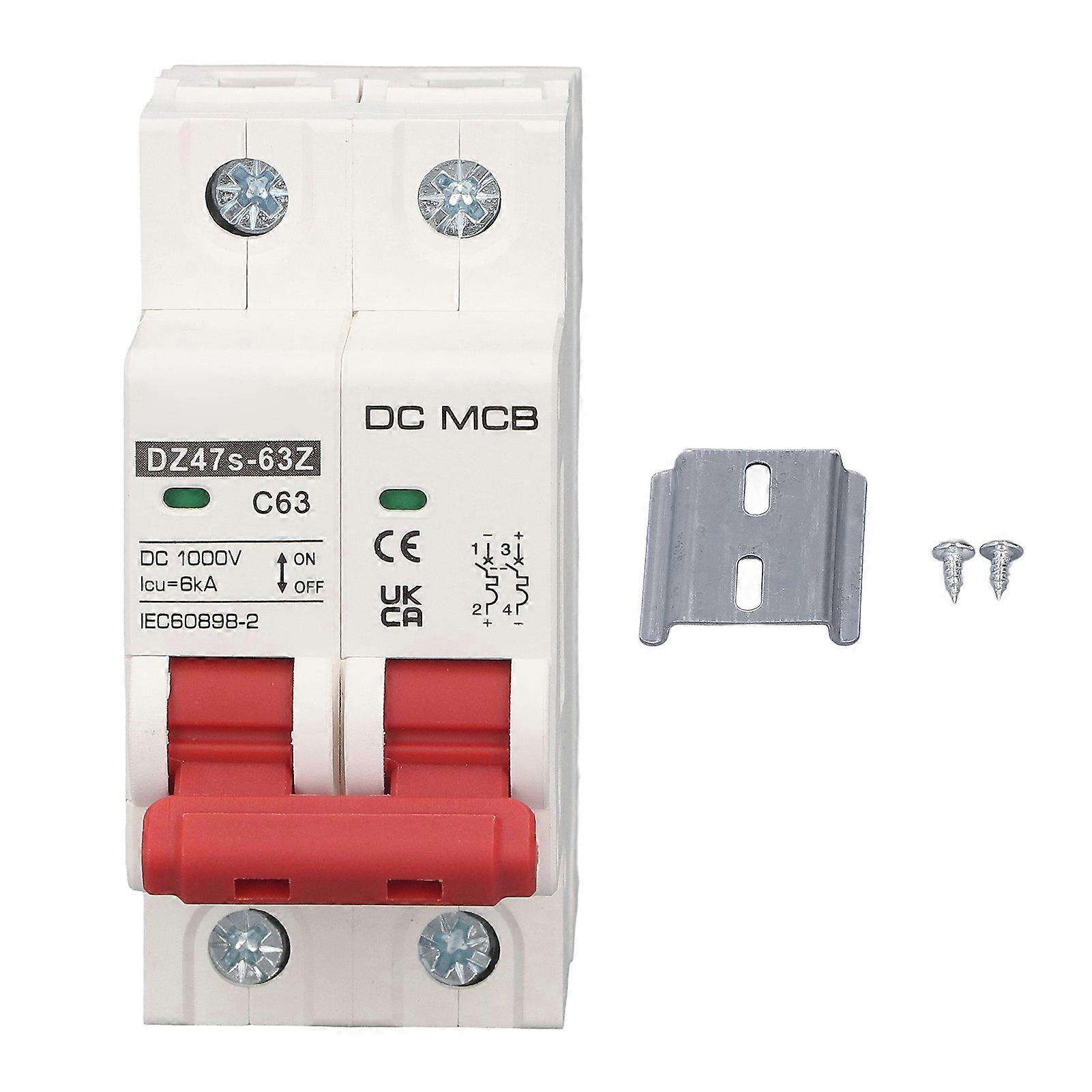 Fictory 1000V Circuit Breaker Fictory DC Circuit Breaker 2P 63A, 6KA Breaking Capacity, DIN Rail Installation Miniature Circuit Breaker for Solar