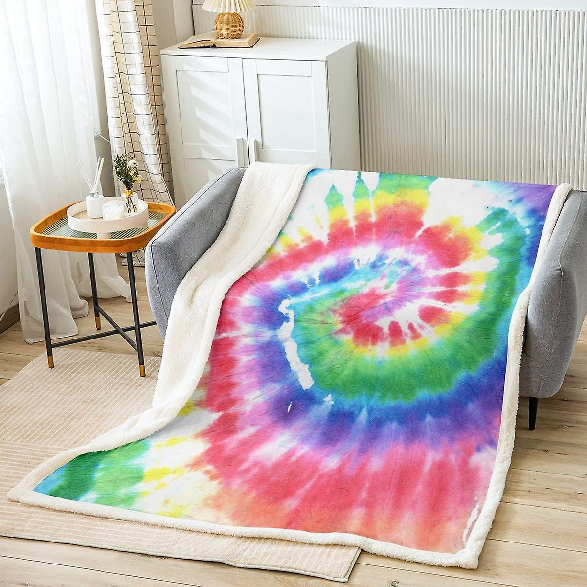 Boho Tie Dye Fleece Throw Blanket Hippie Plush Blanket for Bed Sofa Kids Bohemian Gypsy Sherpa Blanket Rainbow Swirl Warm Fuzzy Blanket Single