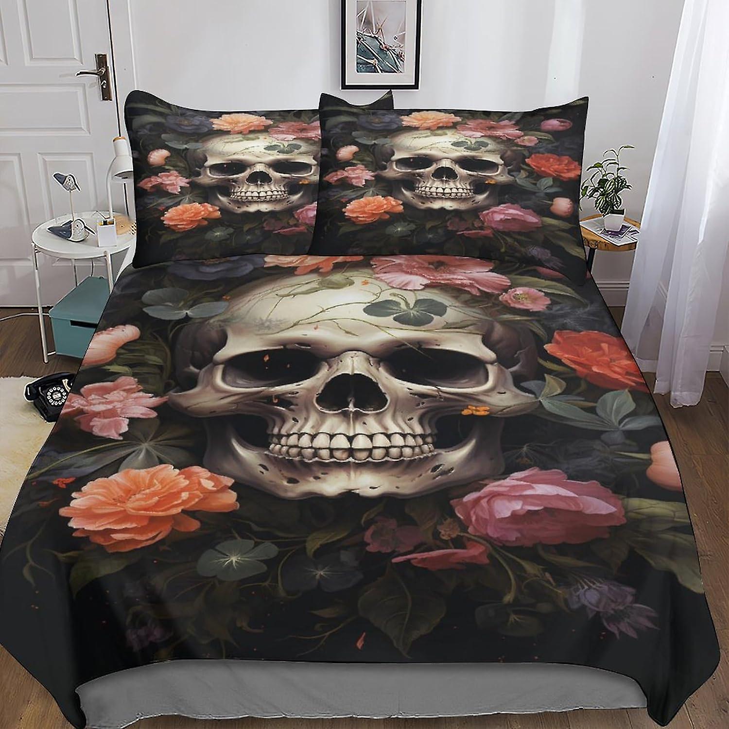 مجموعة فراش الجمجمة من زهرة VCLUST مجموعة غطاء لحاف للطباعة ثلاثية الأبعاد 3 قطع مجموعة ناعمة قابلة للتنفس الشر هيكل عظمي المعزي غطاء لحاف مع سحاب clos