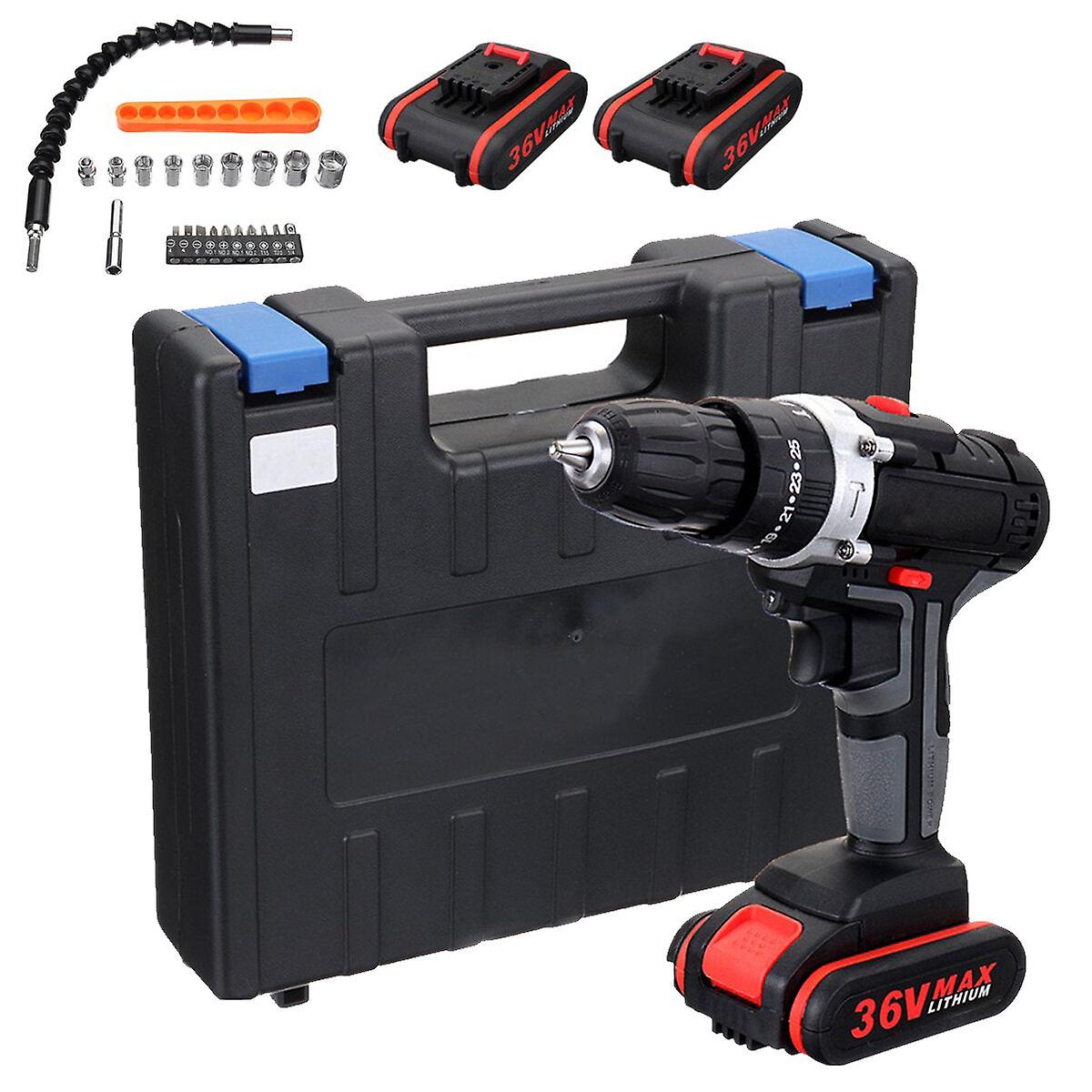 36V 2-speed Electric Cordless Drill Led Screwdriver Hammer Impact With 2pcs Battery