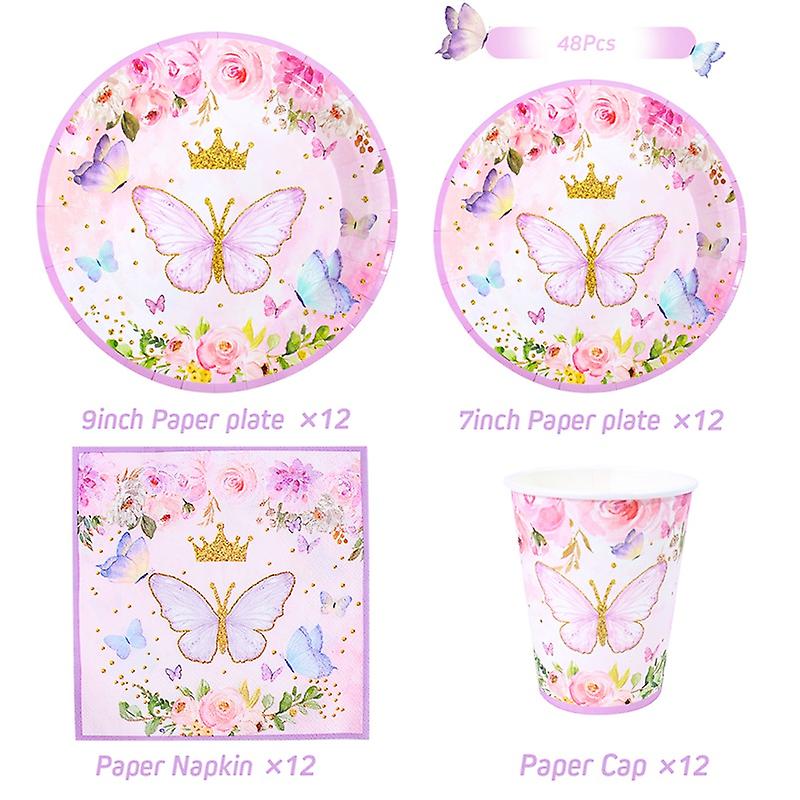 나비 모양 일회용 식기 종이 접시 컵 냅킨 생일 축하 파티 장식 어린이 1 번째 생일 베이비 샤워