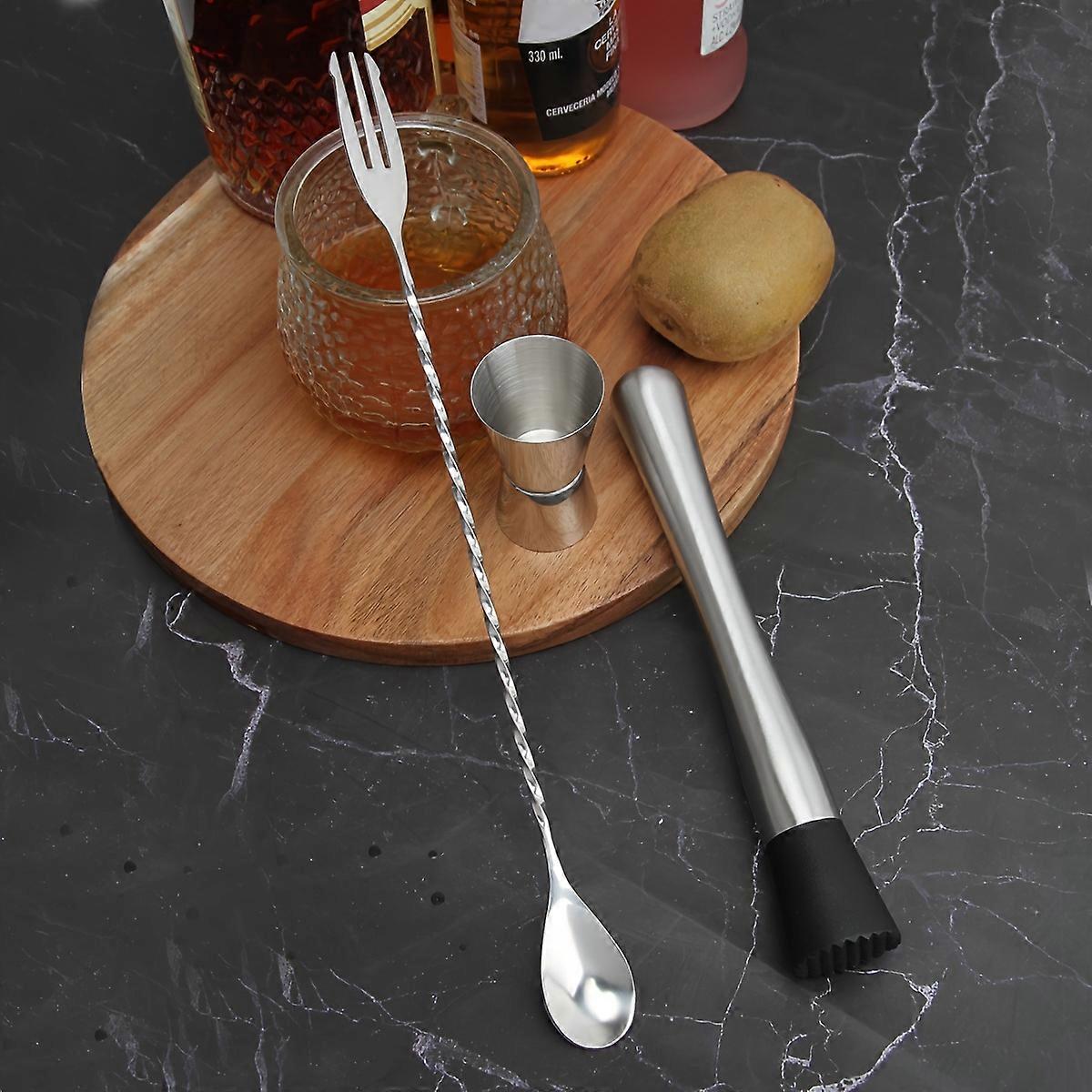 3pcs, Stainless Steel Barware Set, Cocktail Muddler And Mixing Spoon, Mojito Mixer With Ice Crushing Hammer, Beverage Stirring Tool Kit, Twisted Bar S