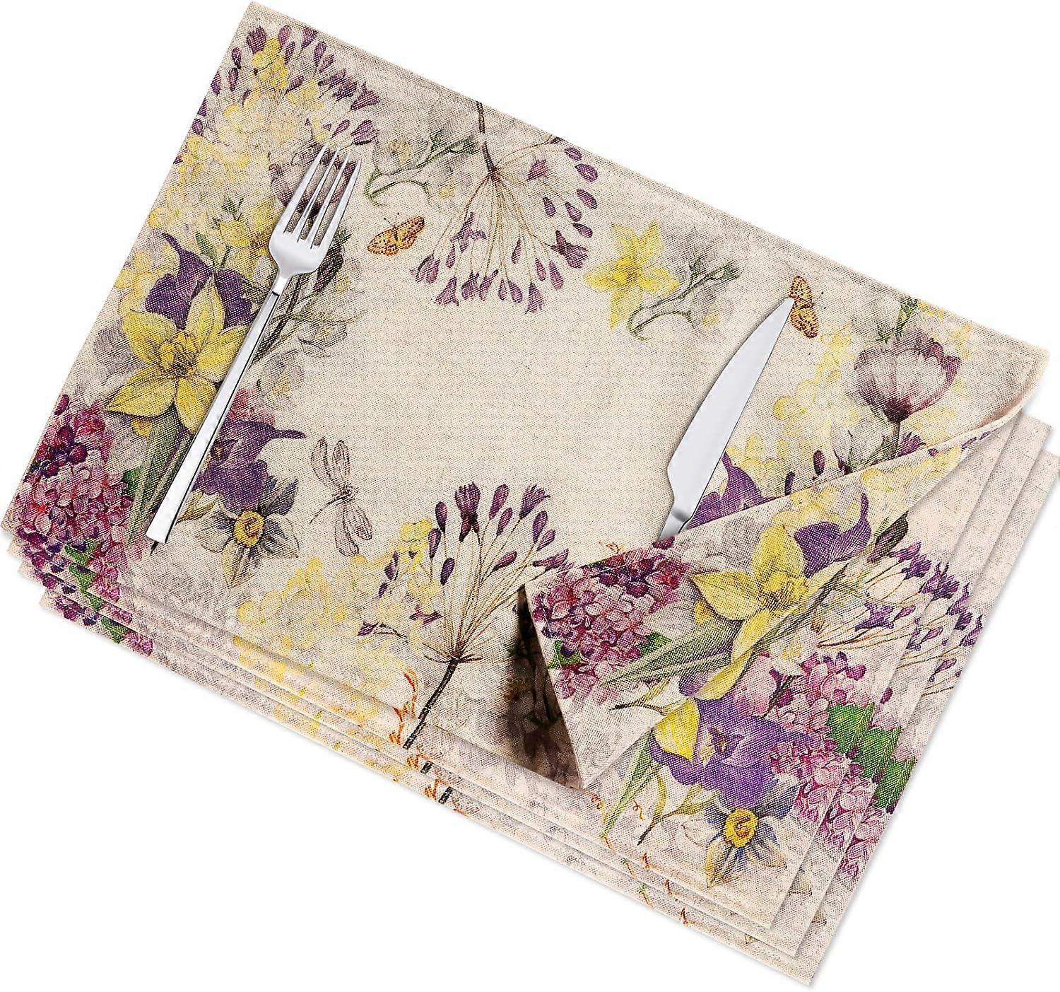 Reversible Spring placemats Set of 4 Summer Purple Place mats Farmhouse Fabric Table Place mats, Machine Washable Table Mats for Kitchen Dining,Butter