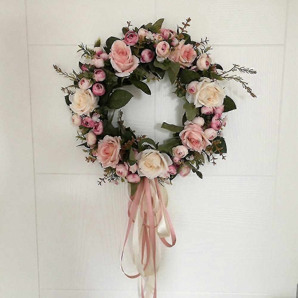 Floral Artificial Rose Wreath Door Hanging Wall Window Decoration Wreath Holiday Festival Wedding Decor (40cm)-30