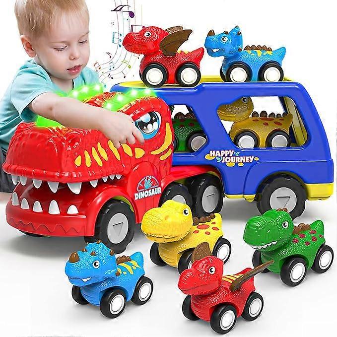 Dinosaur Toy Truck Set With Sound And Light - Friction Powered Transport Car With Spray Mini Dinosaur Pull Back Vehicles,100% New