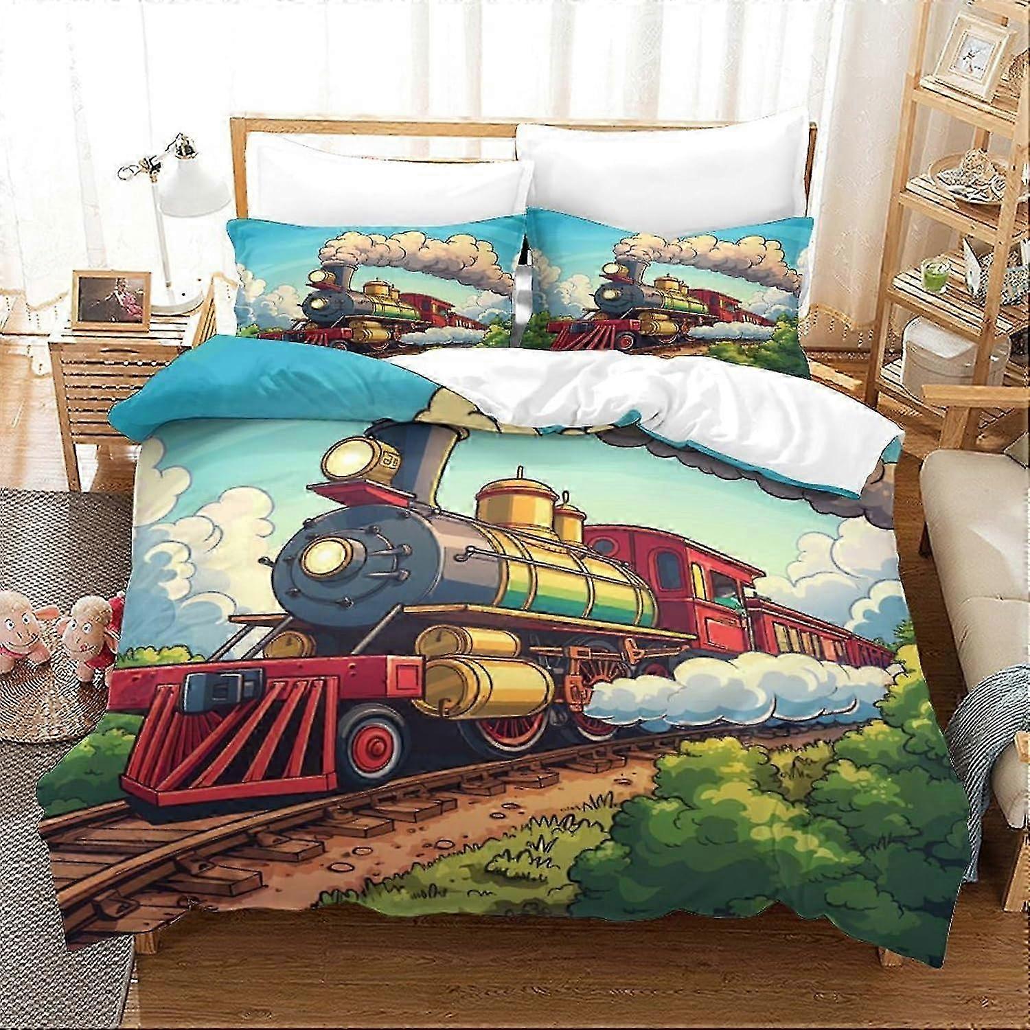 J2363 Lakan Tåg Tredimensionell Utskrift Sängkläder Sovrum Set Tåg Täcke Kuvert Överlägsen Microfiber Kudde Slip Ingår Plysch Och Low-