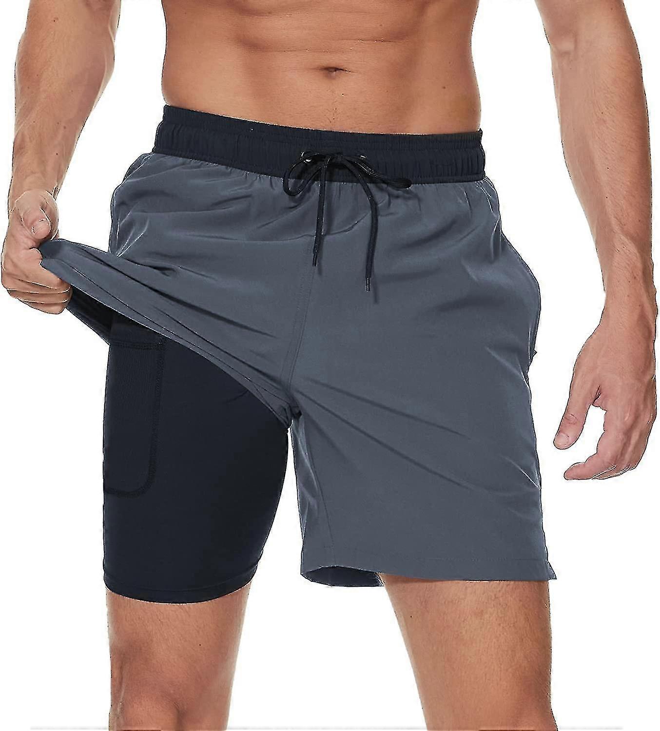 Maillot de bain pour homme avec doublure de compression 2 en 1 Short de bain pour homme à séchage rapide avec boxer Slip doublé Surf Short de plage extensible avec poches zippées Xi