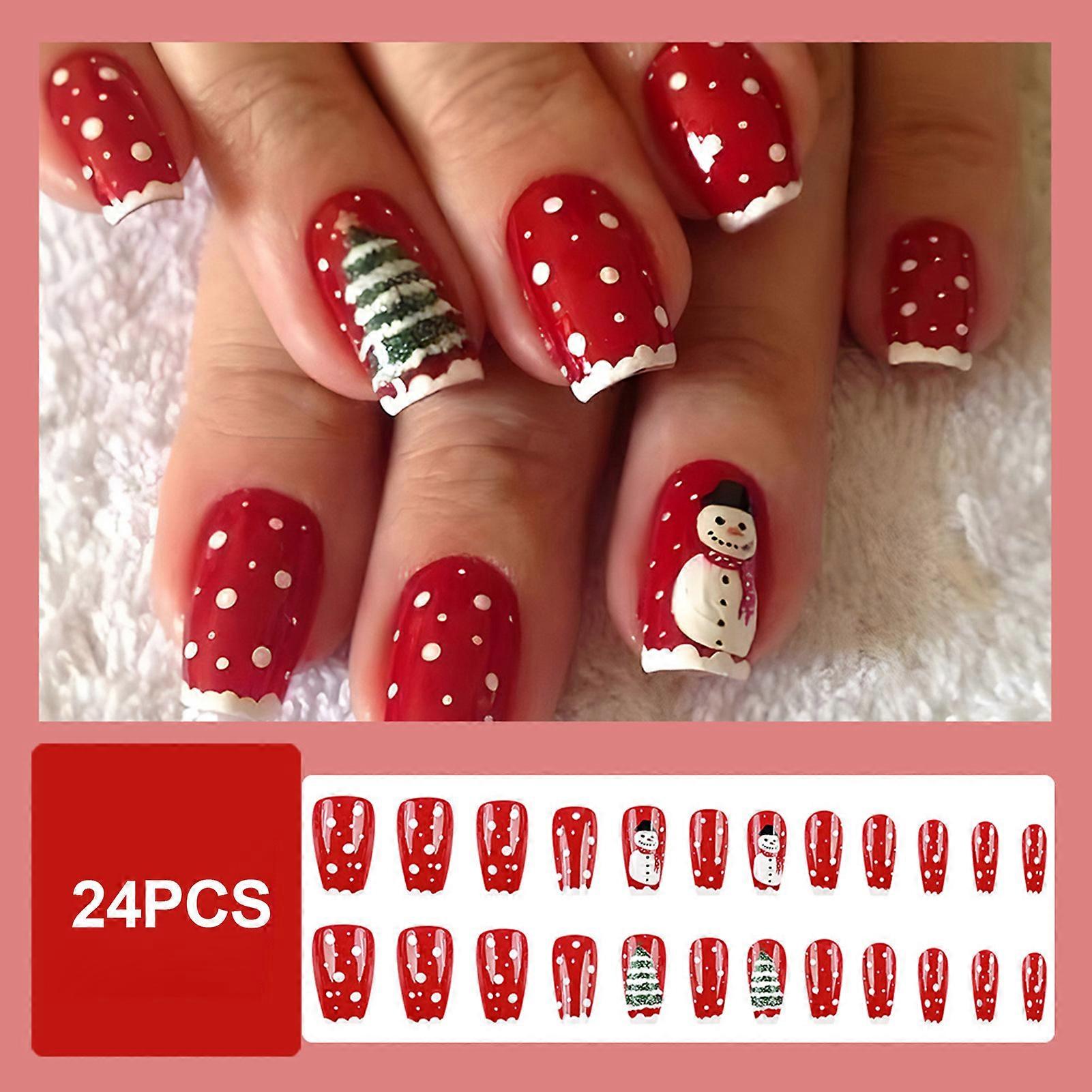 White Tips Press On Nails Christmas Theme Fake Nails with Snowman Pattern for Stage Performance Wear