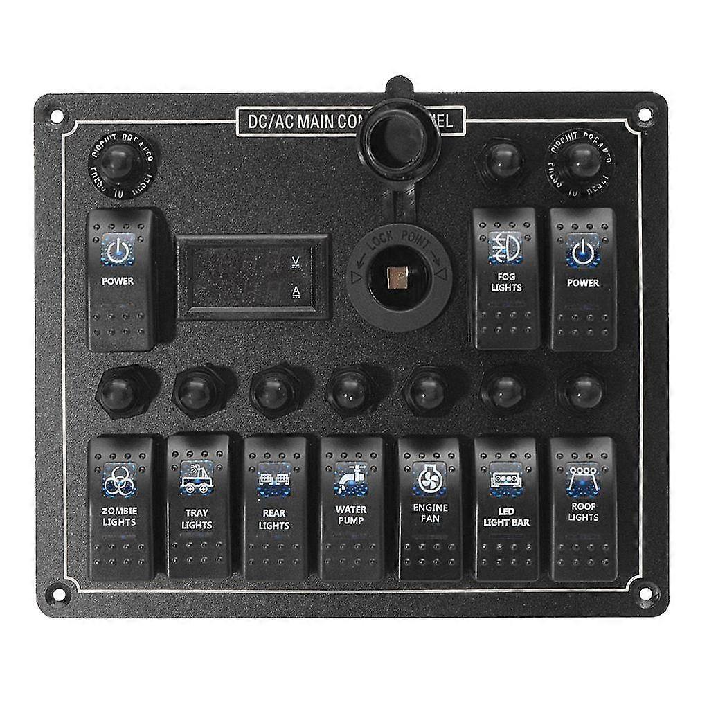 Flameresistant 10 Gang Marine Rocker Switch Panel Current Voltage Meter