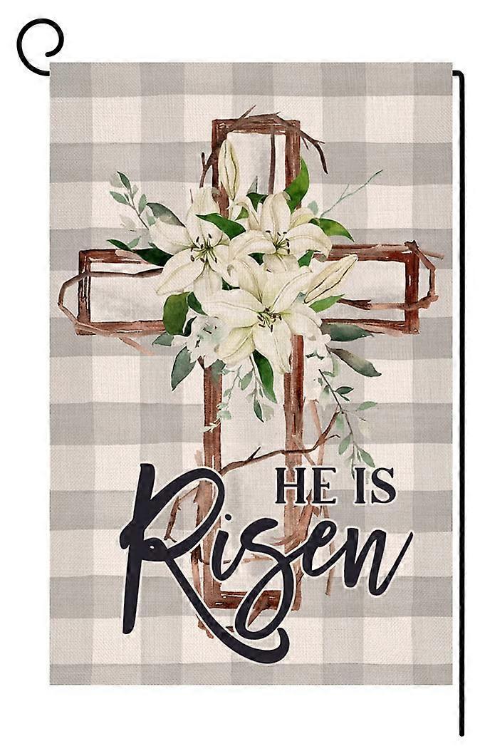 12x18" double-sided "He is Risen" Easter garden flag with plaid design