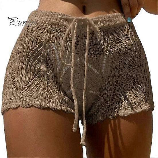 Women Beach Shorts Hollow Out Knitted Lace Drawstring Elastic Waist Solid Color Soft Breathable Loose High Waist Summer Bikini Shorts