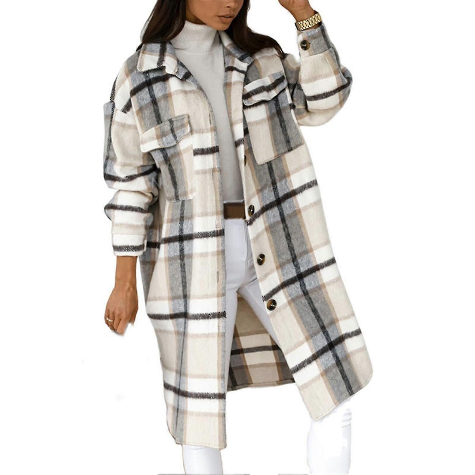 Women's Casual Warm Lightweight Button Down Plaid Long Sleeve Jacket Coat Regular Fit for Home and