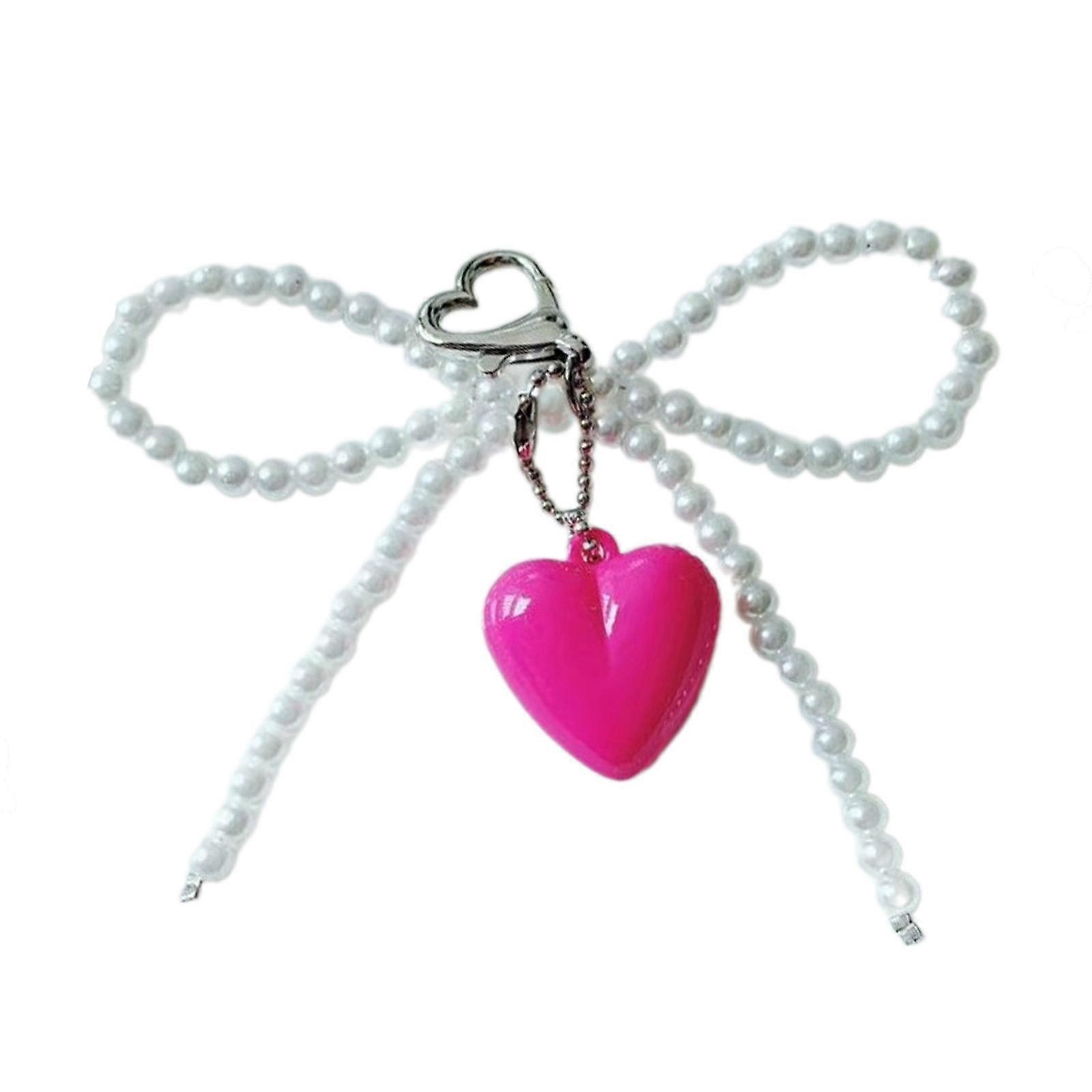 Sophisticated Keyring Bag Charm Handmade Key Accessory with Pearl Beaded Bowknot and Heart Pendant Embellishment White
