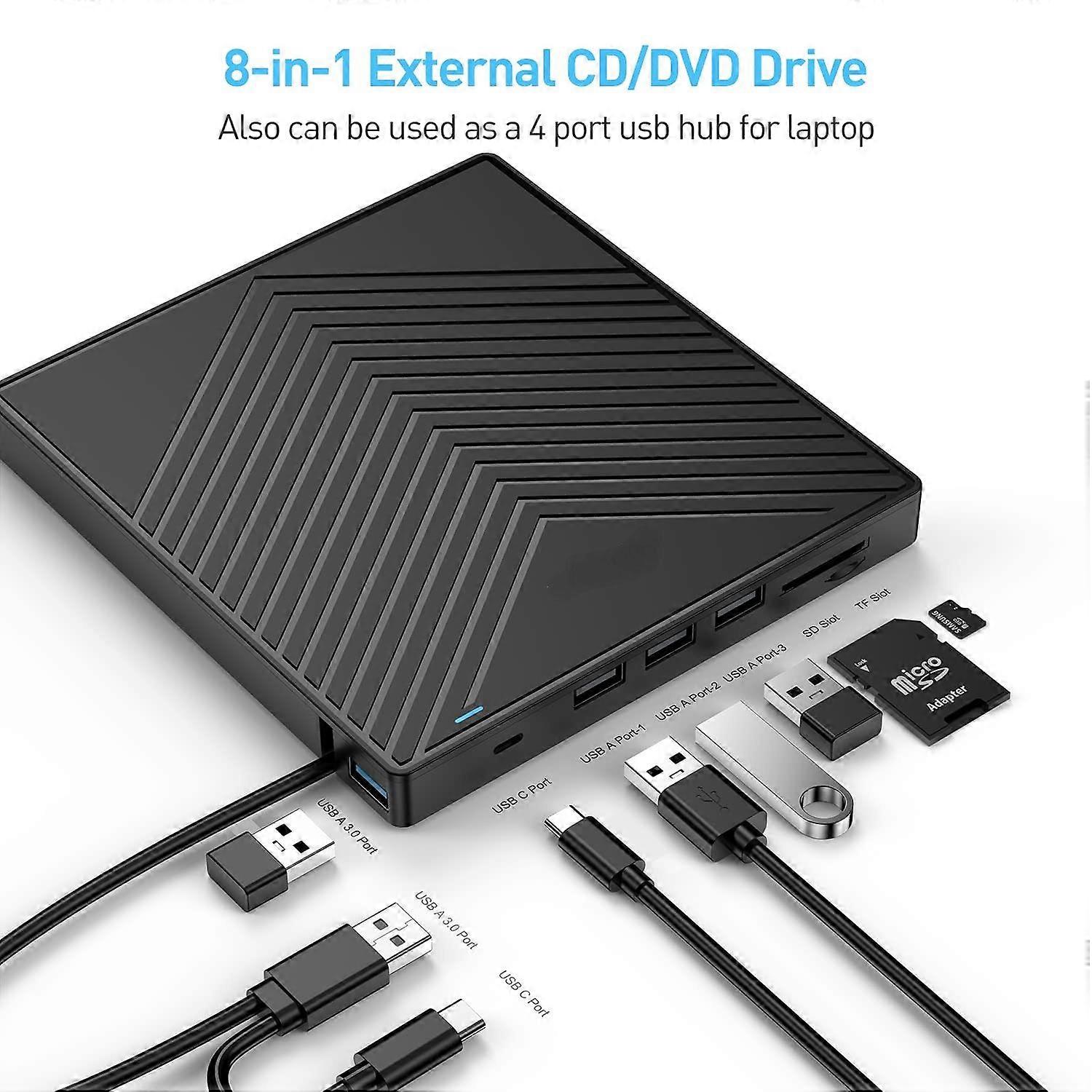 Compact Media Manager, Plug and Play Ultra Slim Design Portable Media Hub External CD/DVD Drive USB 3.0 Technology, Optical Drive Companion