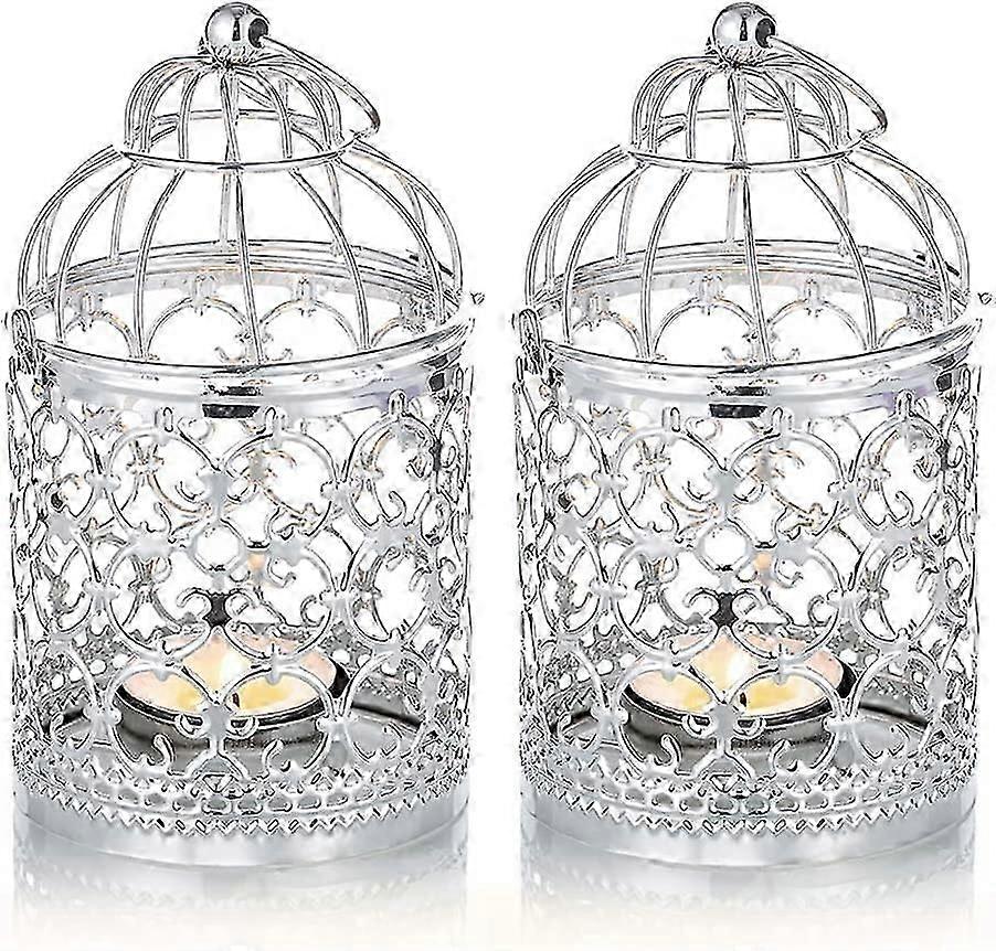 2 Pcs Decorative Lanterns Candle Holder Hanging , Silver