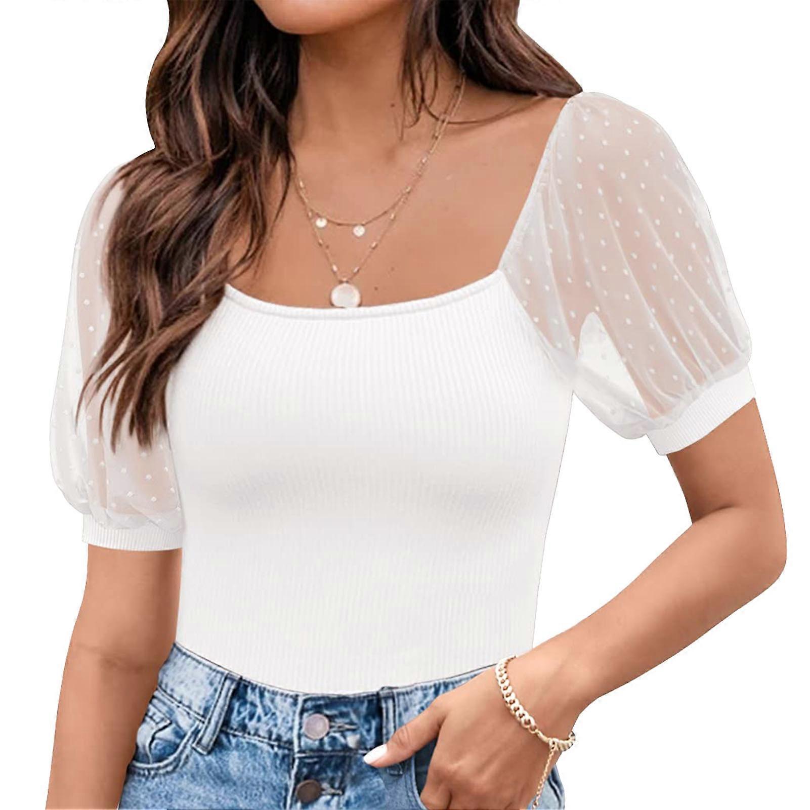 Women Square Neck Top Polka Dot Sheer Puff Mesh Sleeve T Shirt