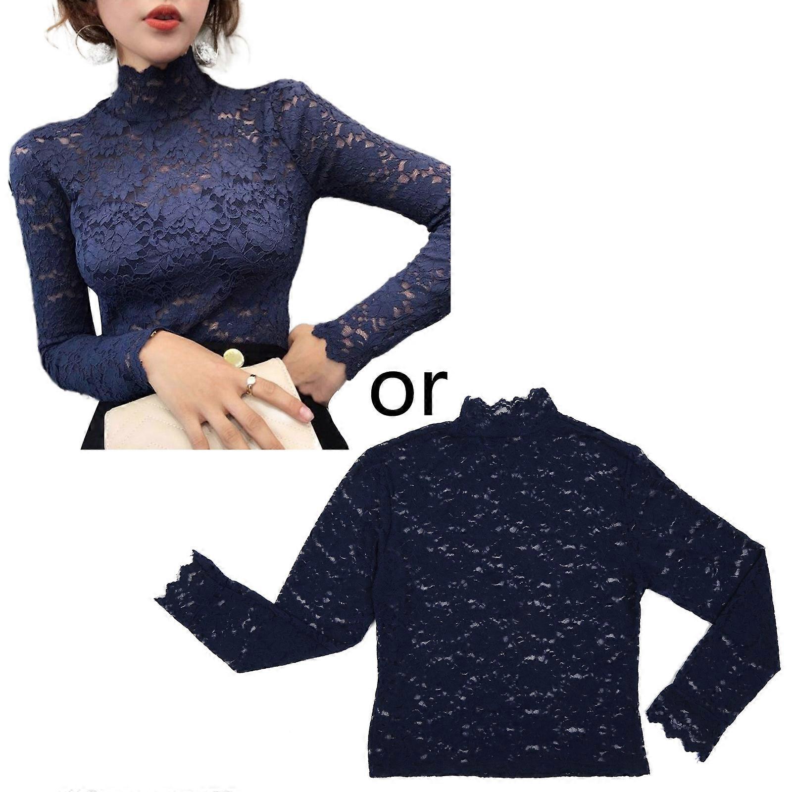 Frauen Durchsichtig Blumen Spitze Hemd Langarm Rollkragenpullover Mesh Slim Bluse Top XL Rot