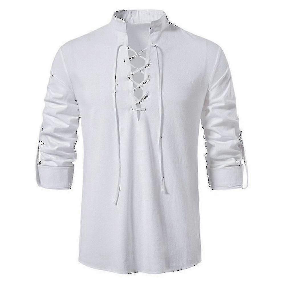 Men's Vintage Style Lace Up Long Sleeve Drawstring V-neck Lace Up Shirts Tops For Medieval, Renaissance, Viking Pirate, Hippie Costume Dress Up High Q