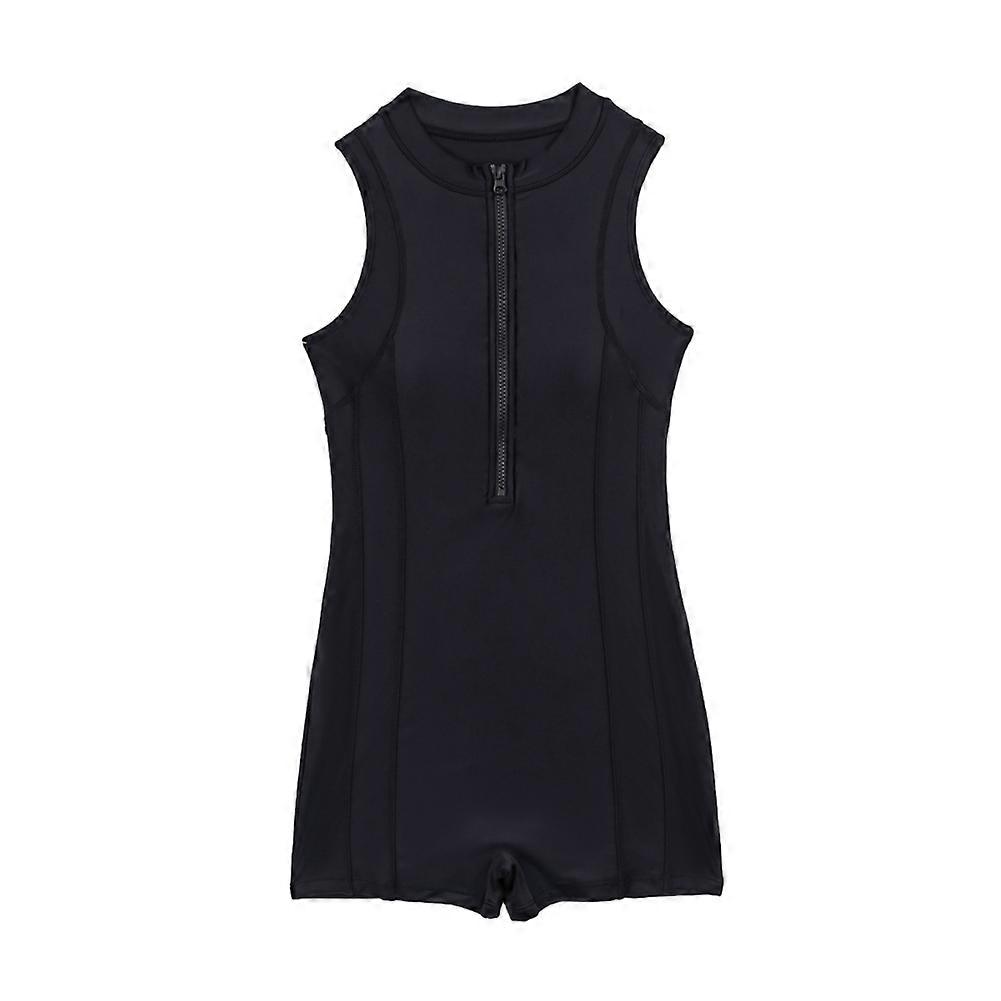Women's Solid Color Zippered Sleeveless Vest Competition Suit Boxer Shorts One-Piece Swimsuit