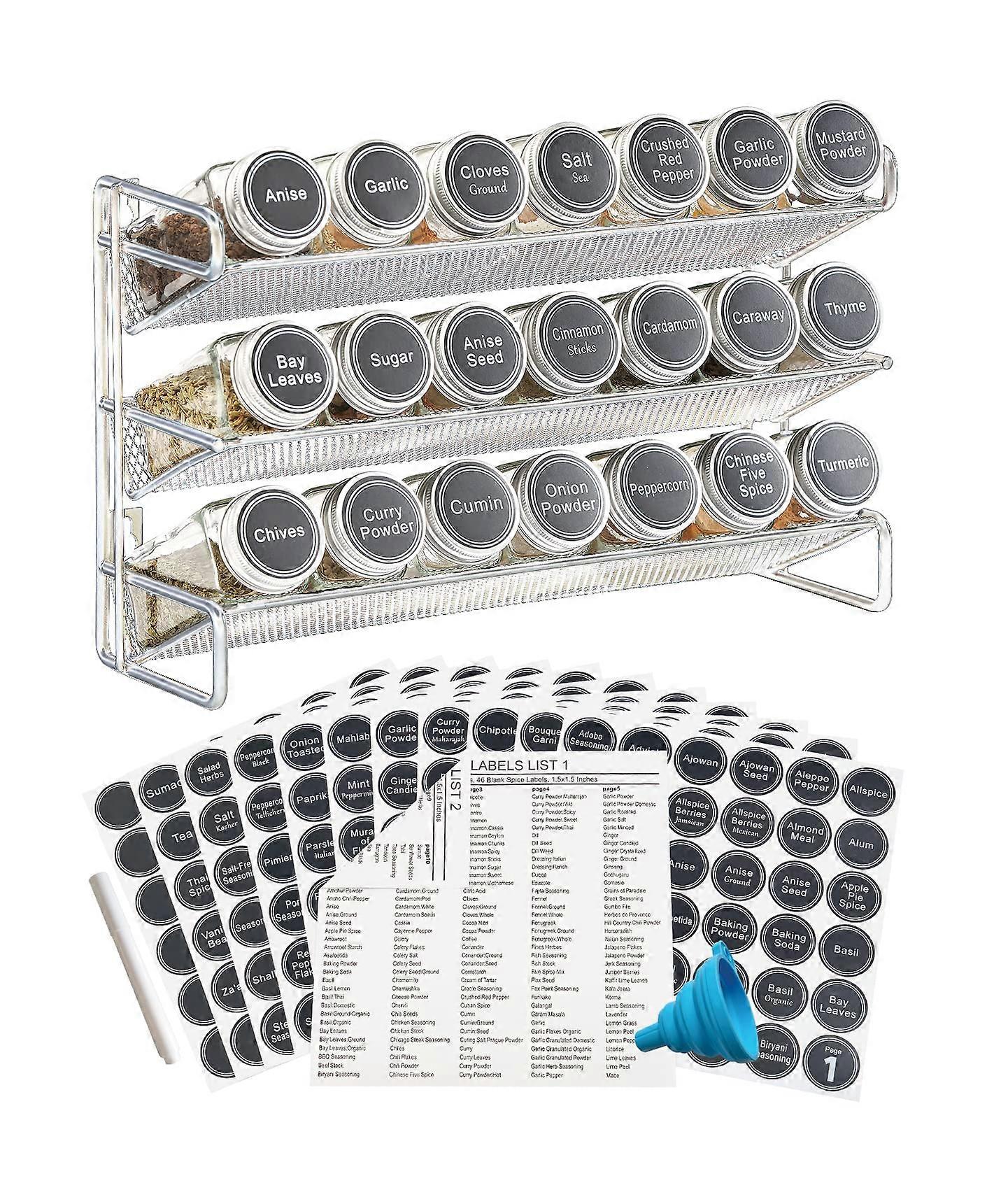 3 Tier Spice Rack Organizer with 21 Empty Spice Jars, 386 Spice Labels, and pen Funnel Set for Countertop Cabinet Pantry or Wall Door Mount Chrome