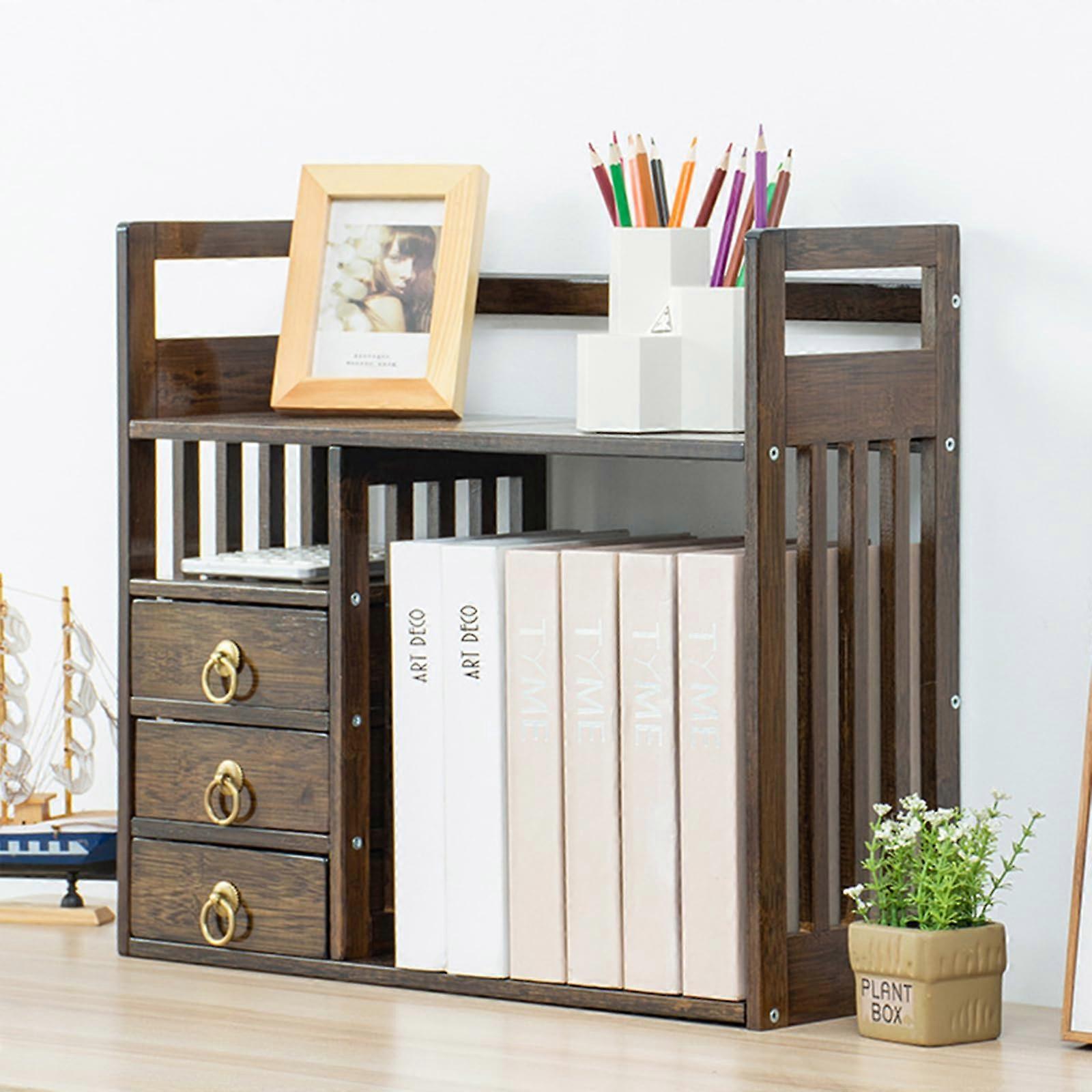 2 Tier Bamboo Countertop Bookshelf with 3 Drawers, Walnut Desktop Organizer for Home Office and Study Space