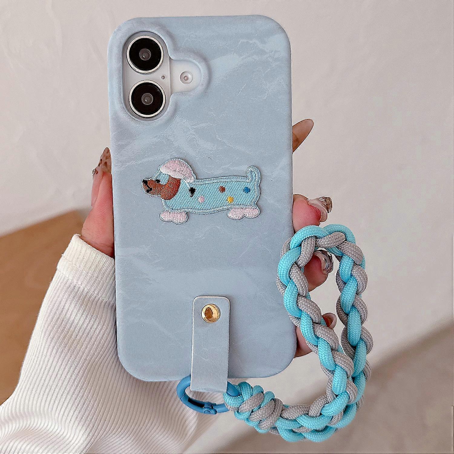 For iPhone 16 Plus Case Cute Pattern Soft PU+PC Phone Back Cover with Braided Handy Strap