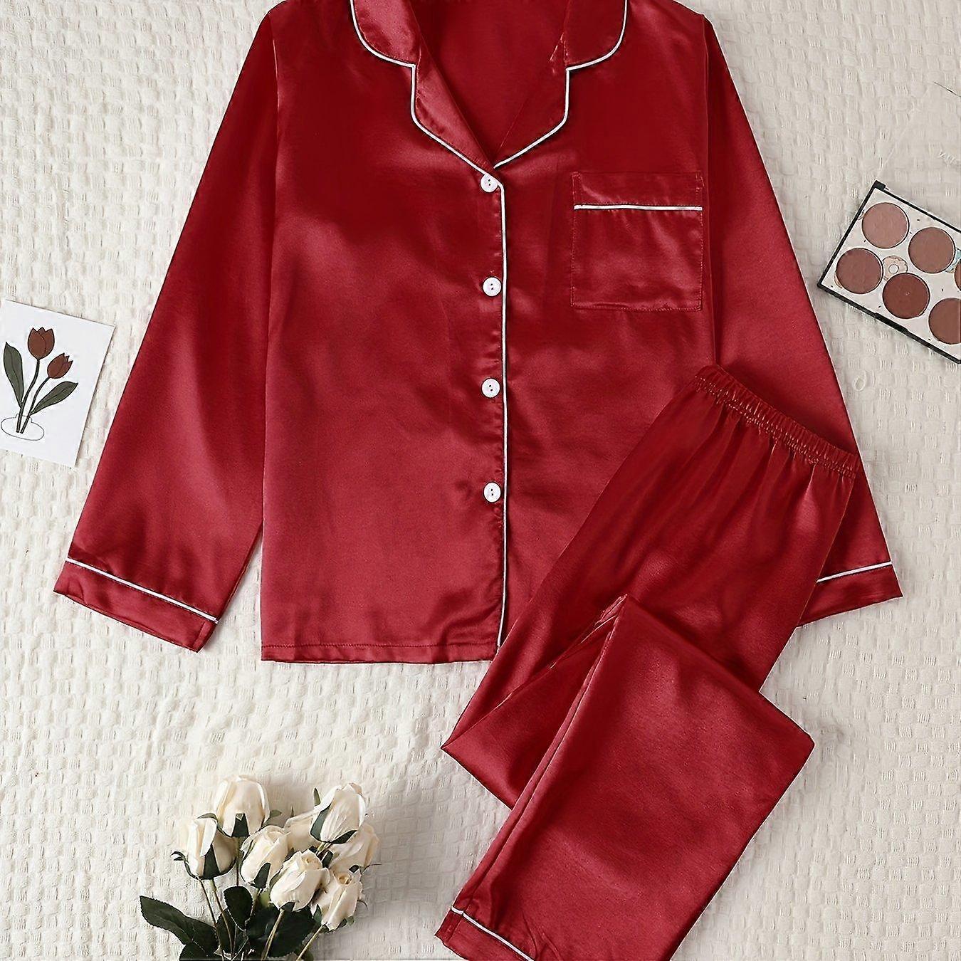 Women Satin Loungewear Set Long Sleeve Button Shirt and Comfortable Pants Loose Fit Sleepwear Spring Autumn Pajamas