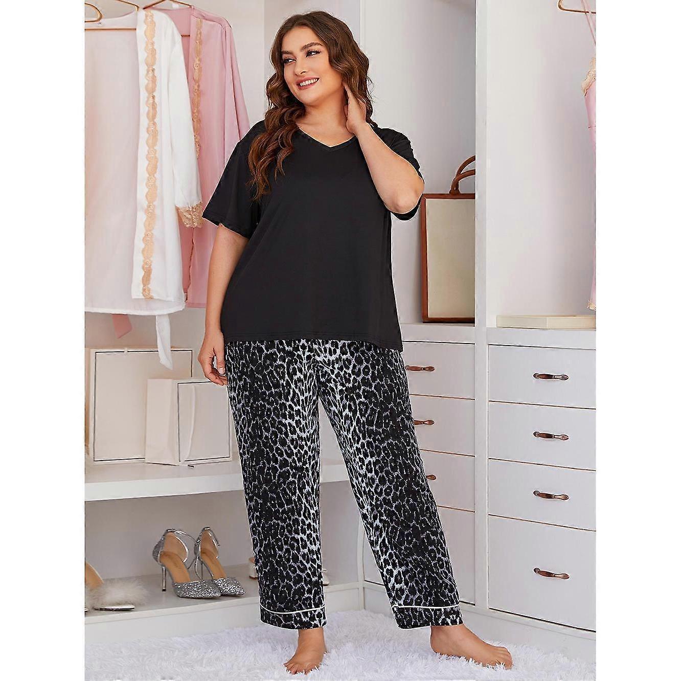 Women's Plus Size Pajamas Spring Summer and Autumn Leopard Print Short-sleeved Trousers Homewear Suit