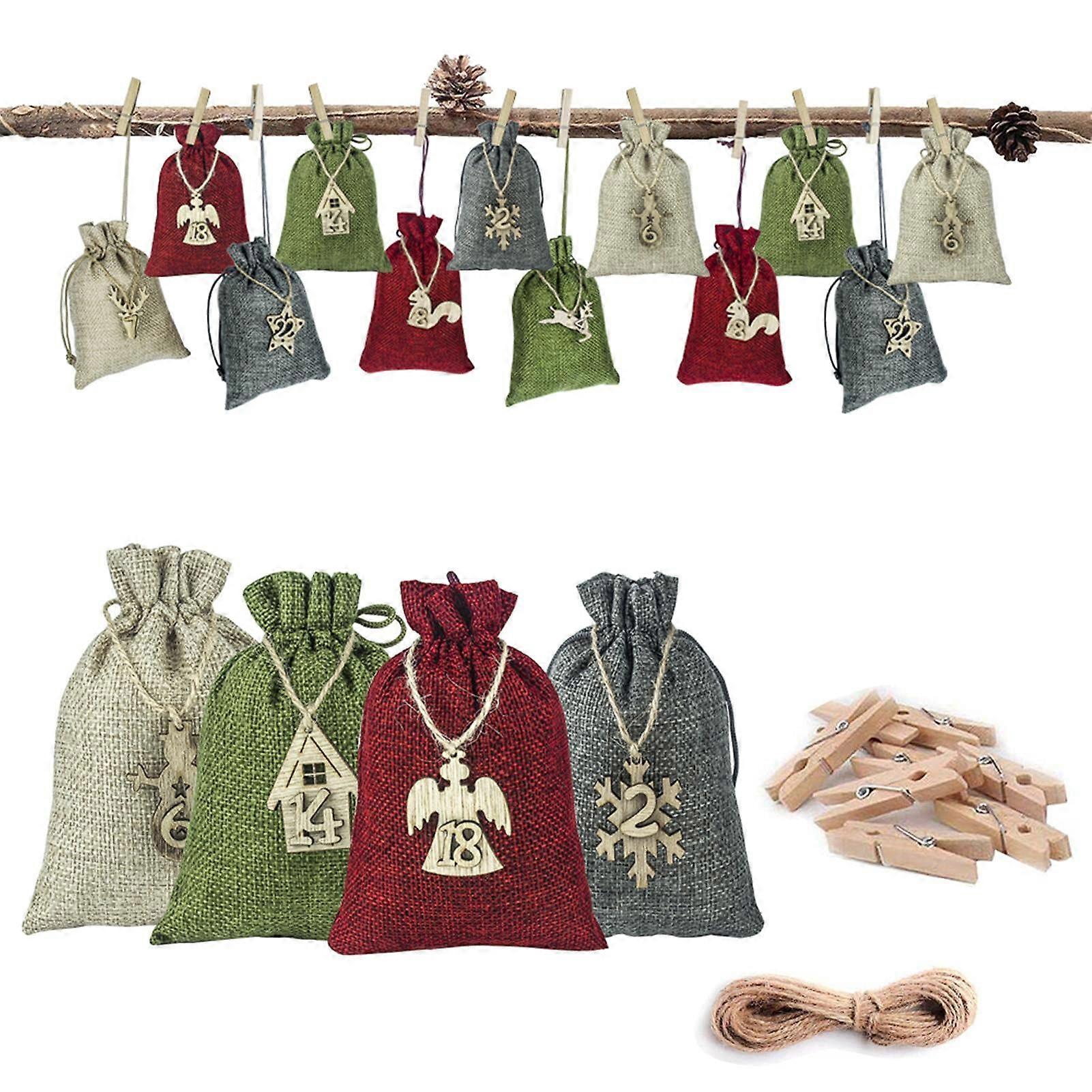 24pcs Christmas Advent Calendar Bags Christmas Calendar Bag with Drawstring Fillable DIY Advent Calendar Bags