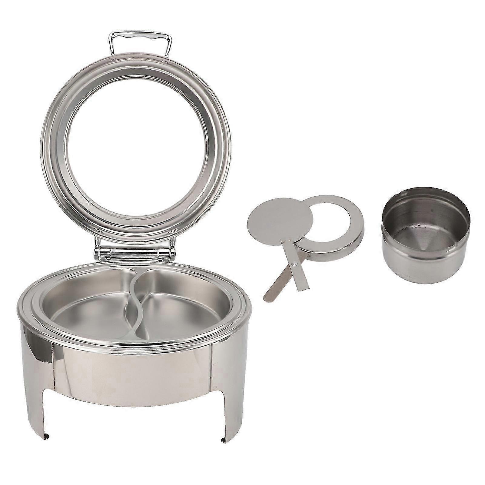 6L Round Stainless Steel Chafing Dish With Visible Glass Lid Thicken Buffet Server For Events Wedding Camping Dinner 2 Compartment Pan
