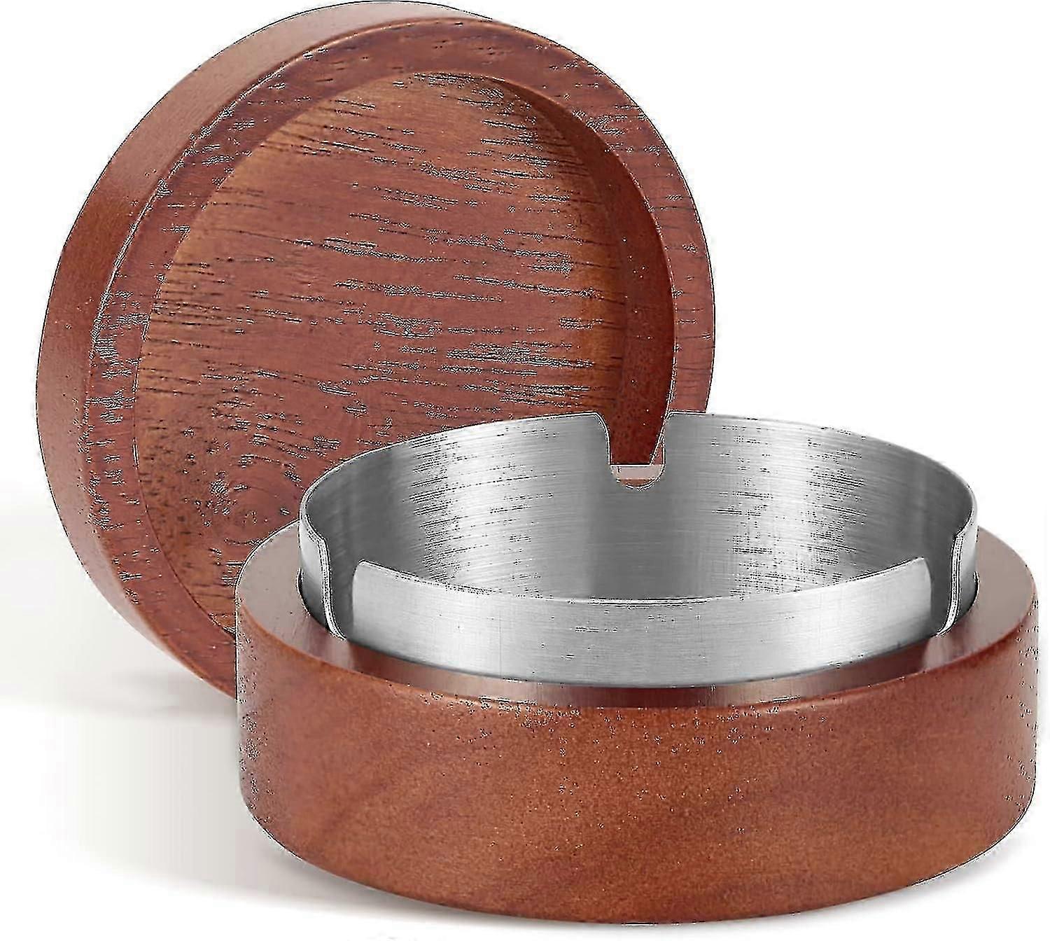 Ashtray, Wooden Ash Tray with Lid, Windproof Ashtrays for Cigarettes with Stainless Steel Liner