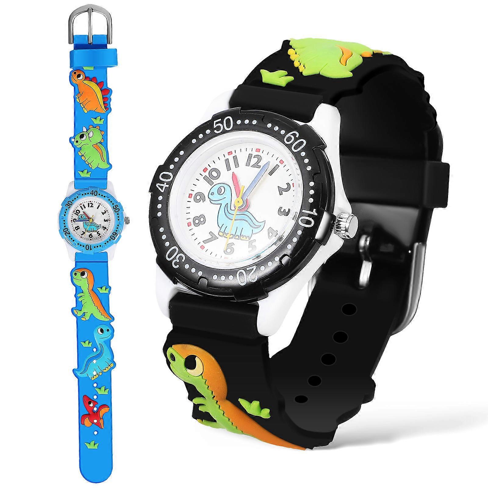 2Pcs Quartz Dinosaur Watches Round Dial Multi Color Water Resistant for Kids