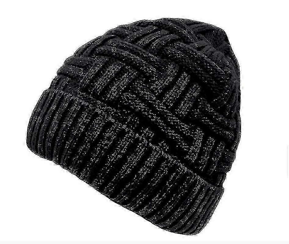 Stickad mössa Herr Vintermössa Varm Mössa Med Fleecefoder Svart