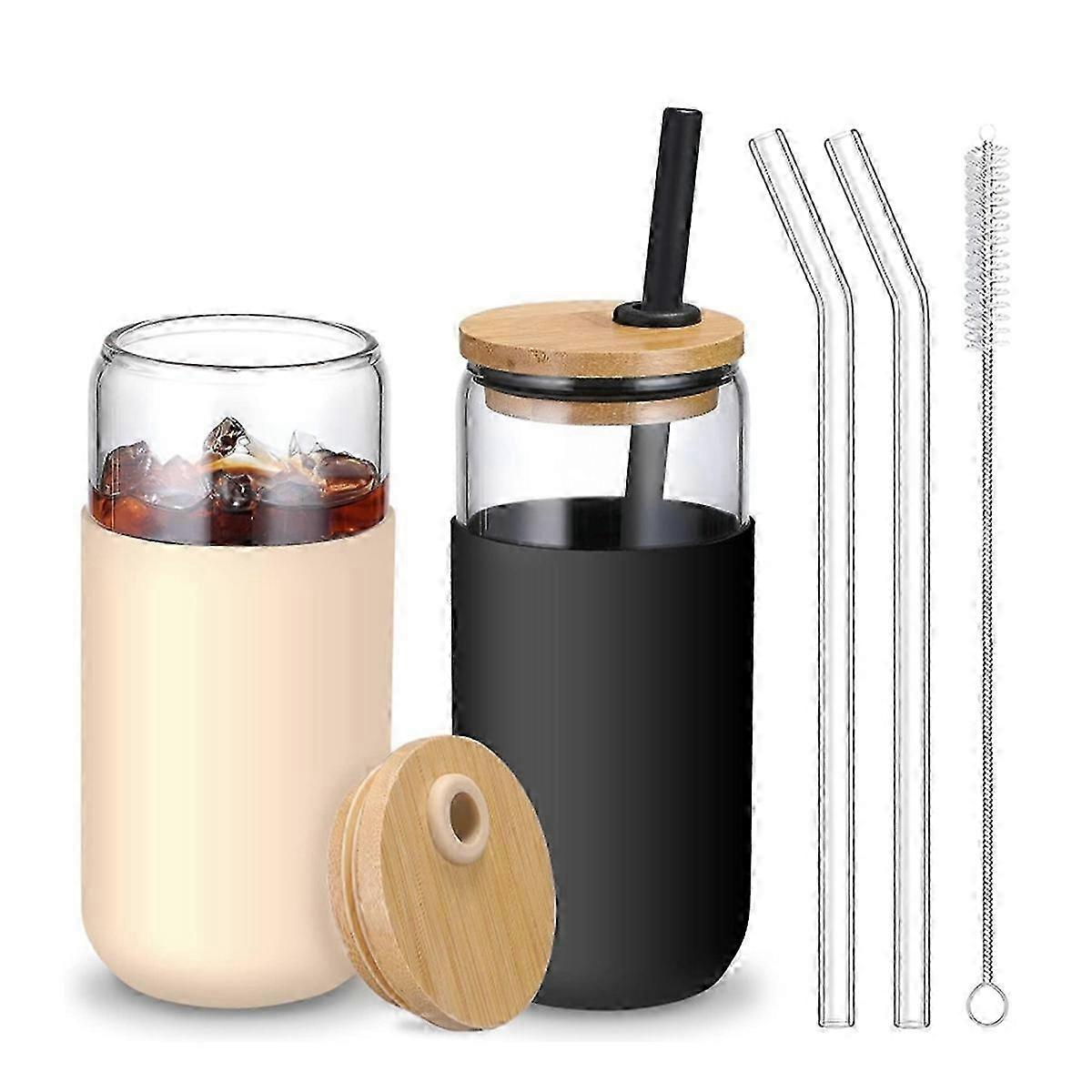 New & Improved: 2-Color 20 OZ Glass Cups with Bamboo Lids and Straws - Silicone Protected Beer Can Glassware