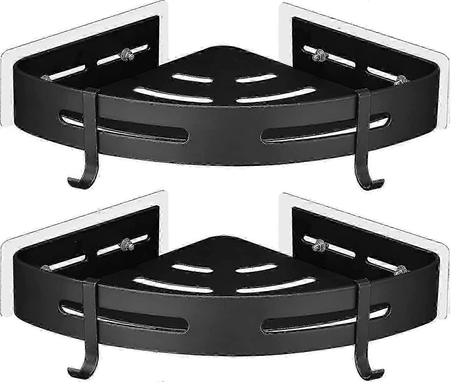 Corner Shower Shelf No-Drill 2 Hooks Rustproof Self-Adhesive Bathroom Holder 2pc Black