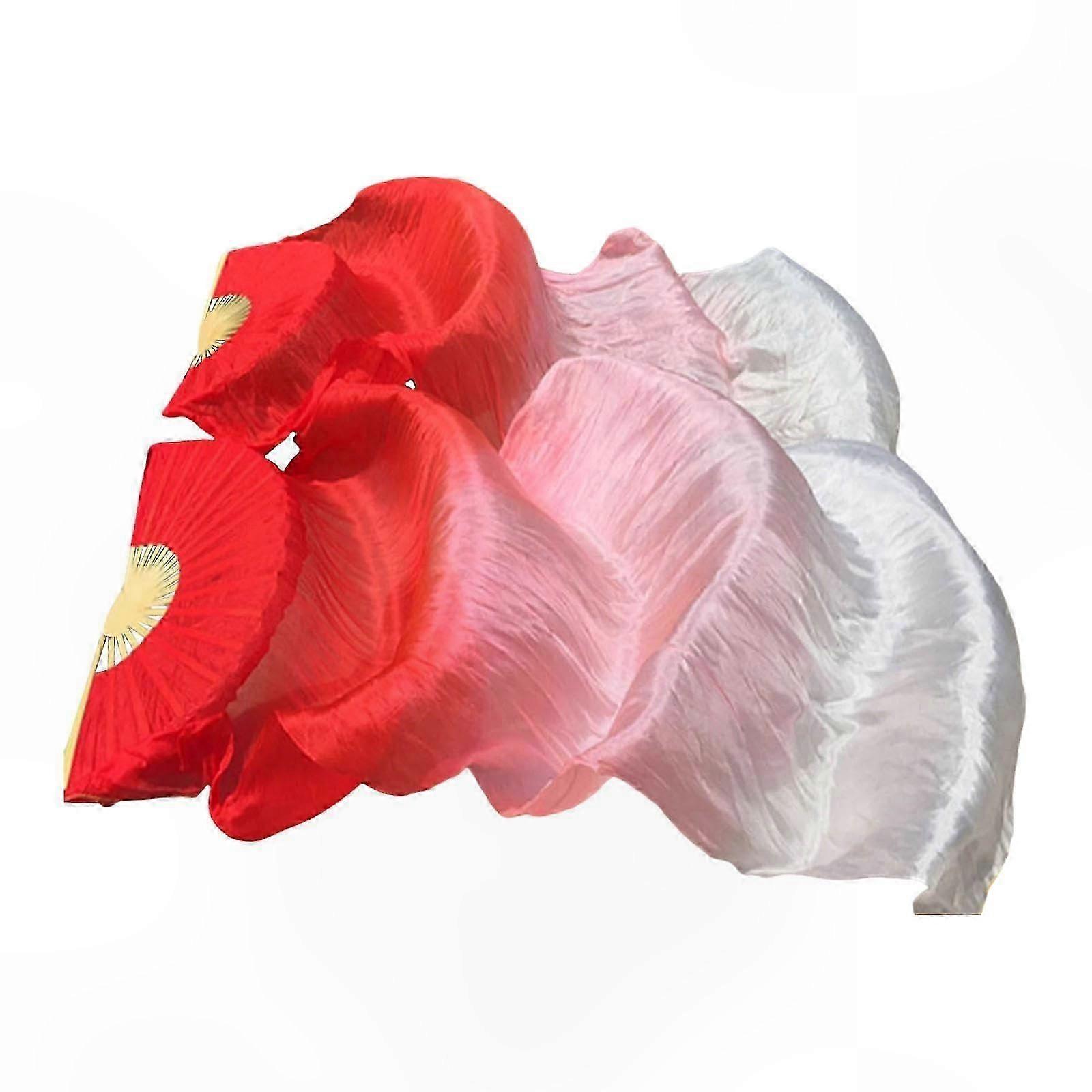 Bamboo Foldable Dance Fan with Long Veils - Red to White Gradient for Stage Performances