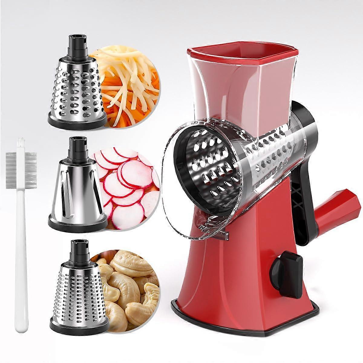 Rotary Cheese Grater Three Drum Blades Vegetable Slicer Red Manual Kitchen Grater For Cheese Cucumber Carrot Nuts