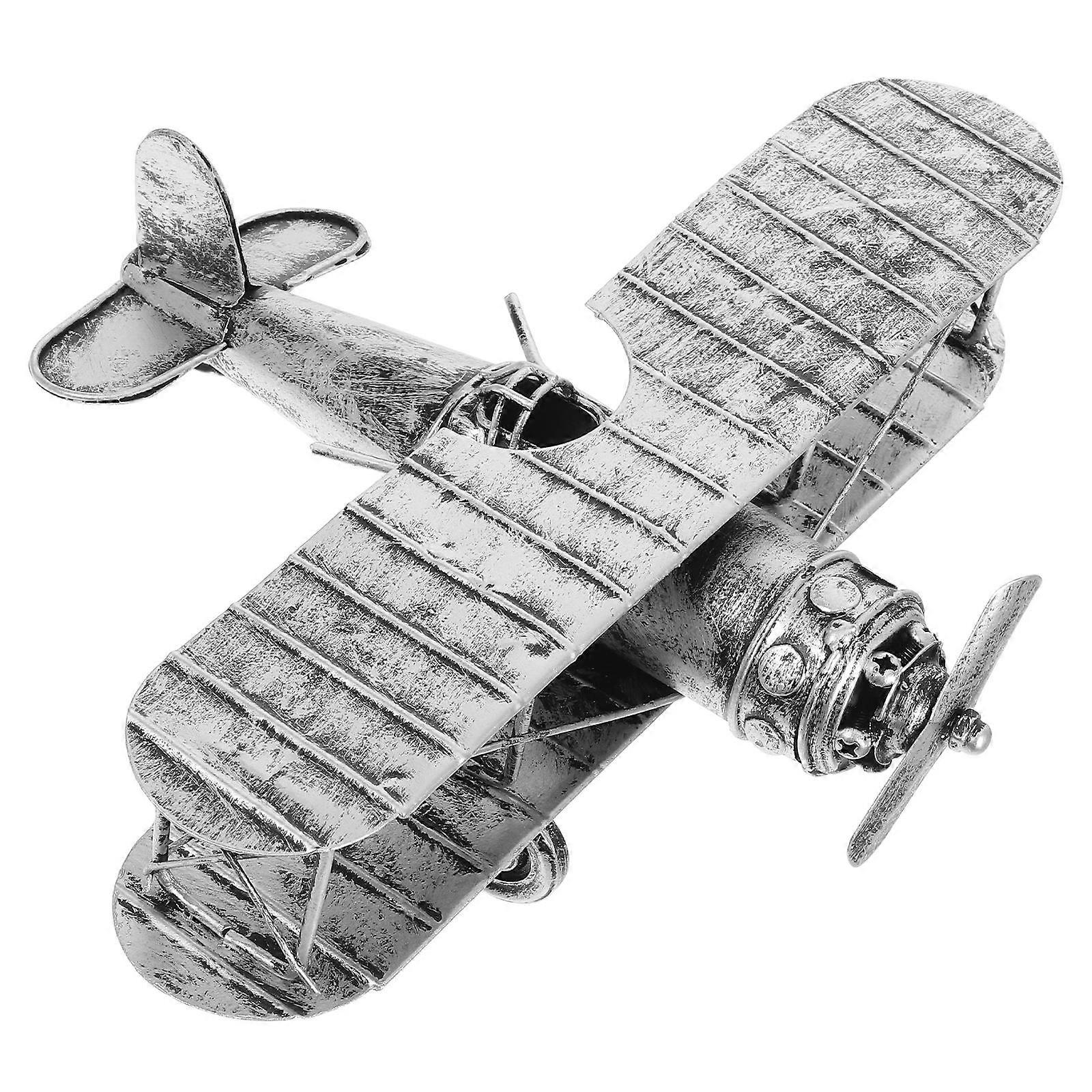 Retro Iron Biplane Airplane Model 2Pcs Collectible Decorative Display For Office Space 23X20X10CM Silver