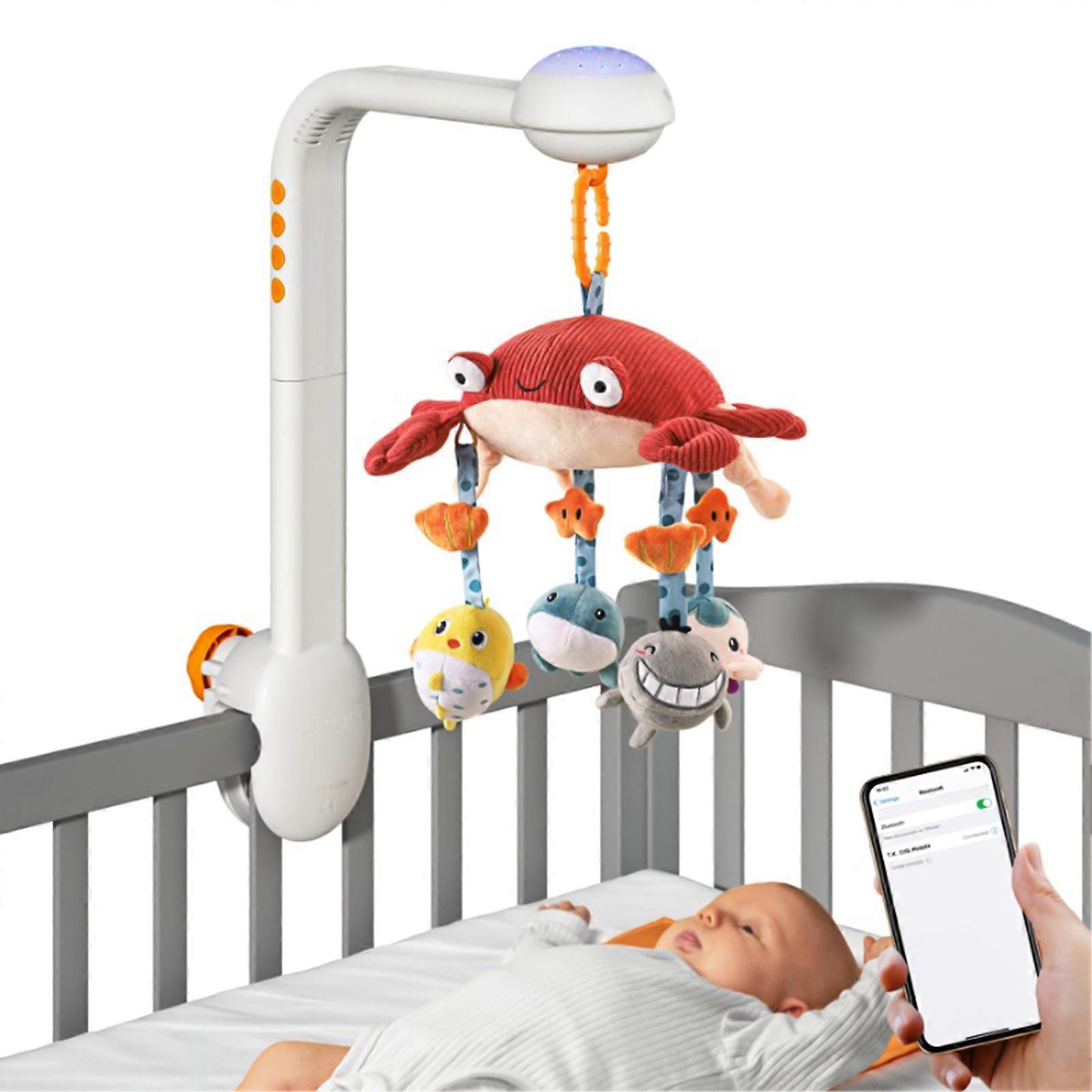 Multifunctional Crab Musical Baby Crib Mobile with Starry Projector Light 360° Rotatable Cartoon Hanging Rattles for Newborn Infants