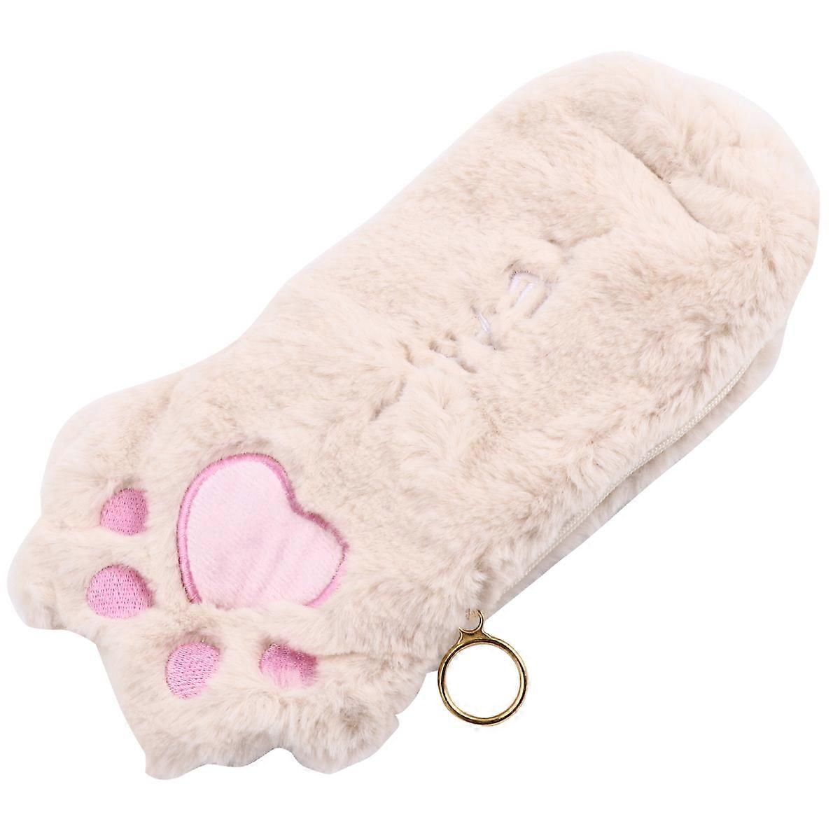 Pen Container Pencil Bag for Storage 2Pcs Beige Plush Cat Paw Design