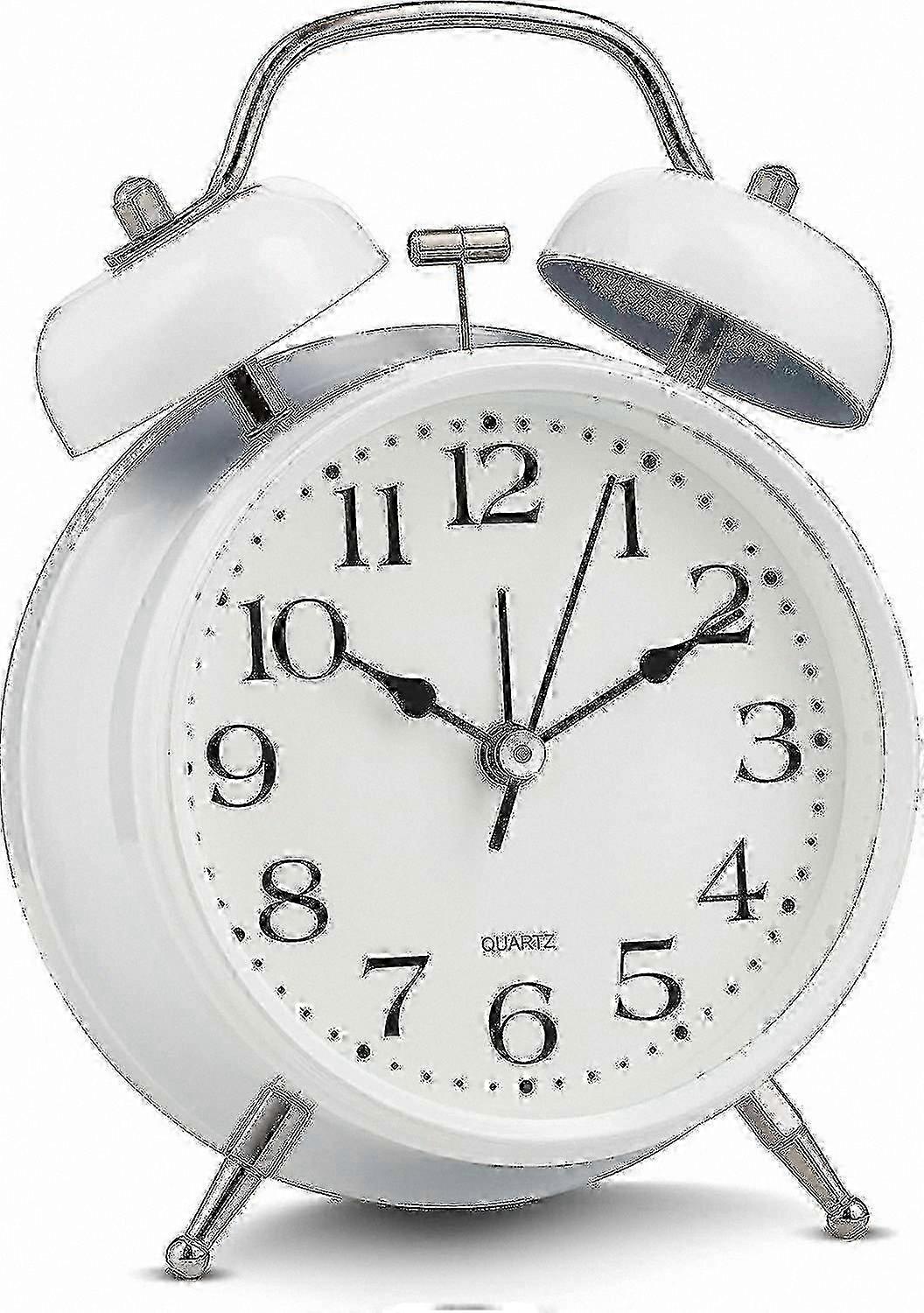 Vintage Analog Alarm Clock with Twin Bells, Retro White Design, Silent Operation, Battery Powered Quartz Movement, Backlit Display