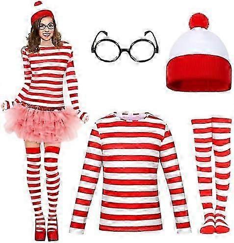 大人ウォーリーコスチュームセット、赤&白ストライプTシャツ、帽子、メガネ、靴下衣装セット世界本の日ハロウィーン男性用仮装
