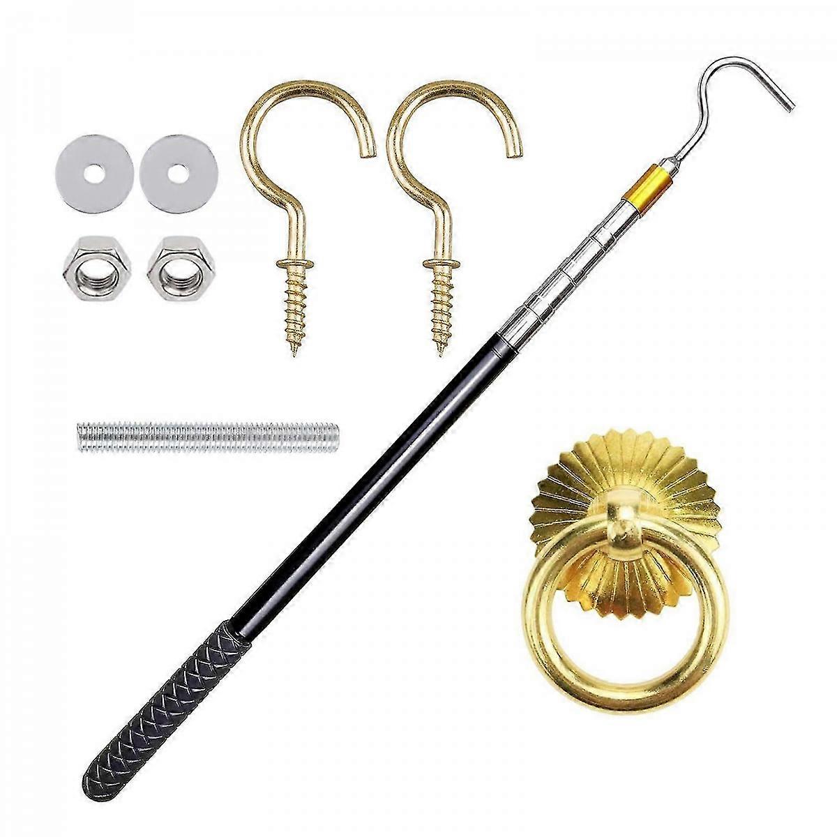 Attic Pull-Down Hook Set For Attic Ladders Metal 60 Inch Telescoping Pole Replaces Cable Safer Operation Universal Fit