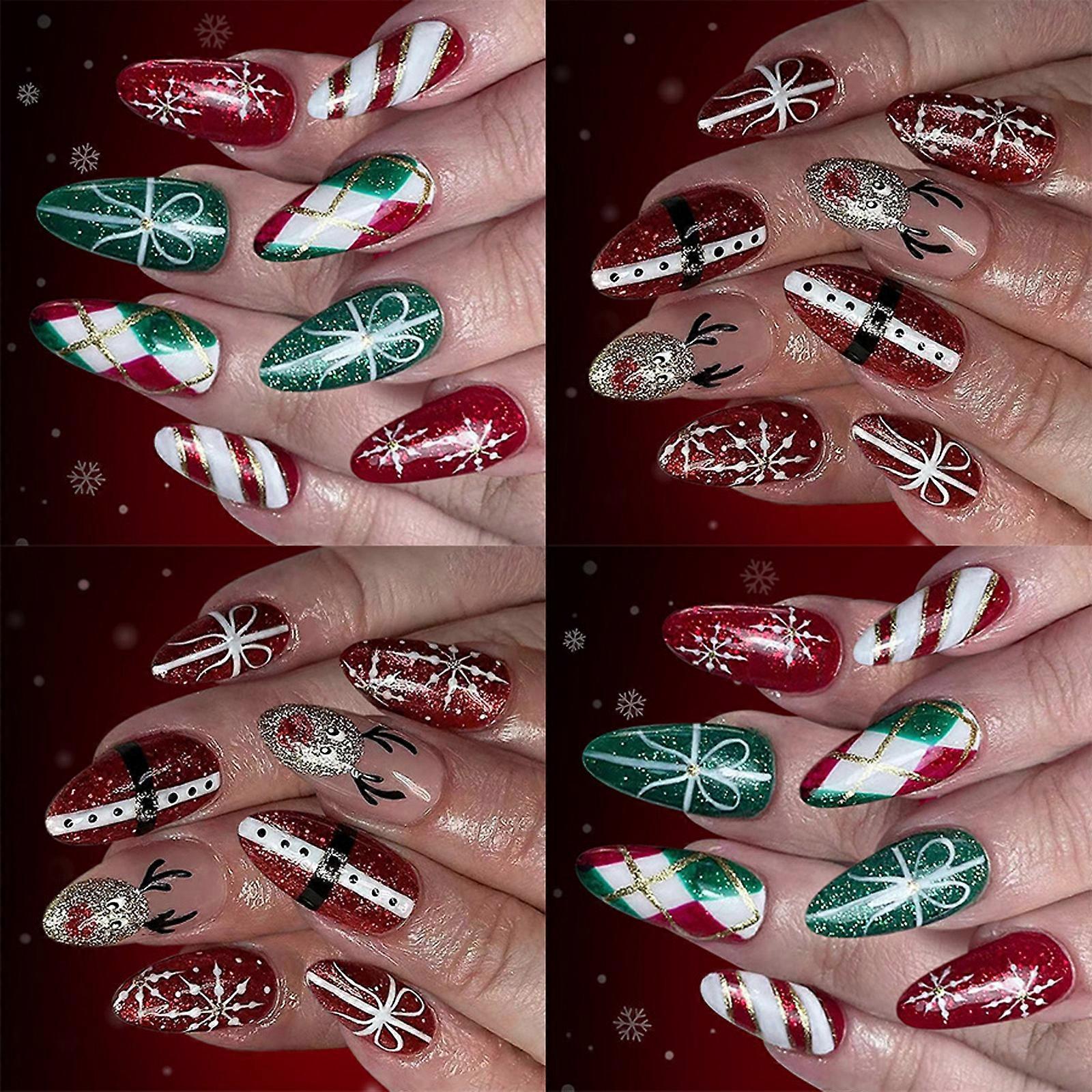 48Pieces Christmas Glitters Press On Nail With Red Green Plaids Snowflake French Tip Design For Holiday Parties Event Multicolor