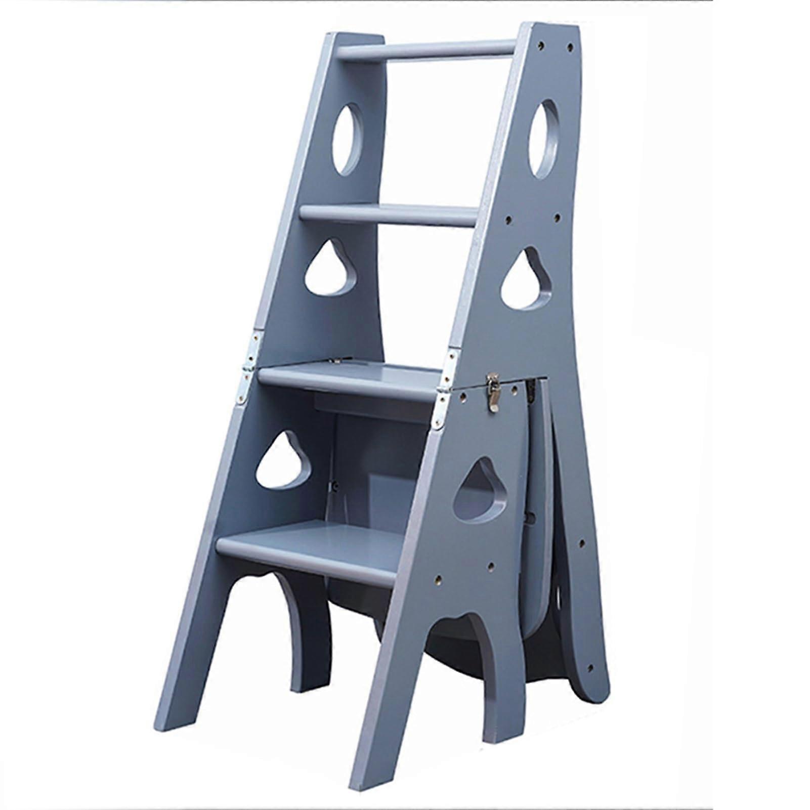 3in1 Wooden Folding Library Ladder Chair Storage Shelf HeavyDuty 331lbs SpaceSaving Foldable Ladder Star Gray