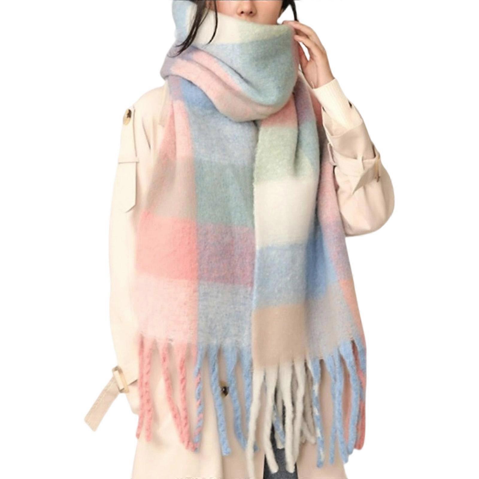 Women's Oversized Winter Scarf Soft Grid Design Neckerchief with Tassels End for Cold Weather Warmth and Style Multicolor
